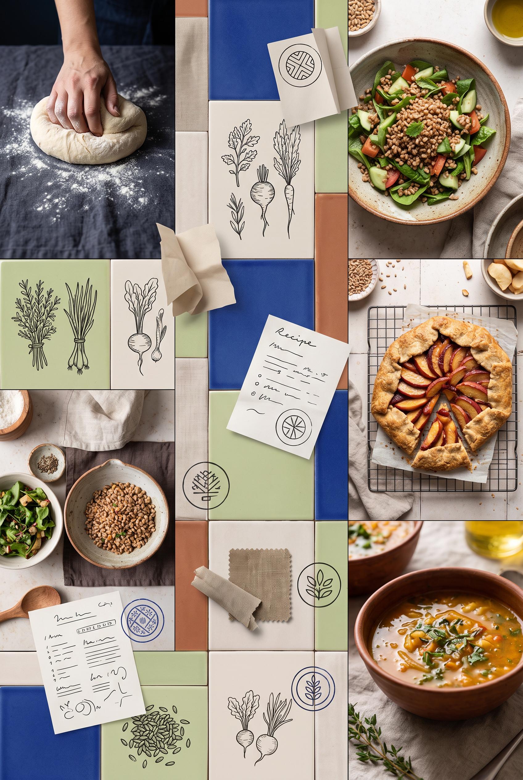 Create a commercial-quality vertical 2:3 Pinterest moodboard for a slow-living recipe creator person