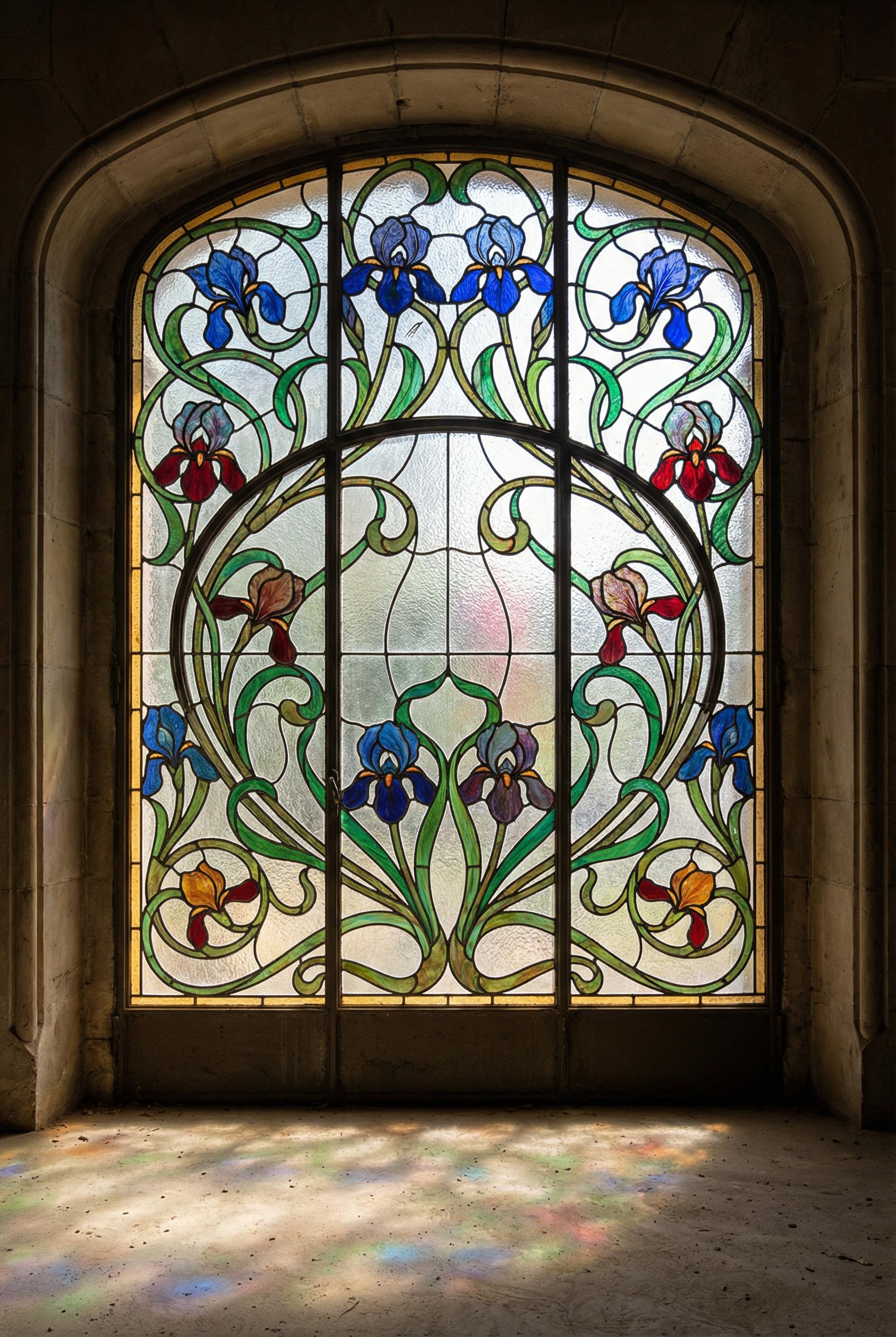 Art Nouveau stained glass window design, organic flowing lines forming iris flowers, rich jewel tone
