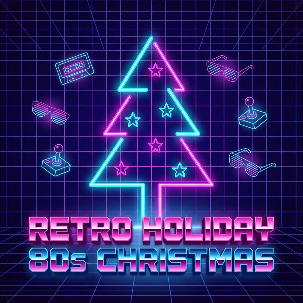 Retro 80s Christmas digital illustration, neon grid background, glowing Christmas tree outline, synthwave color palette 