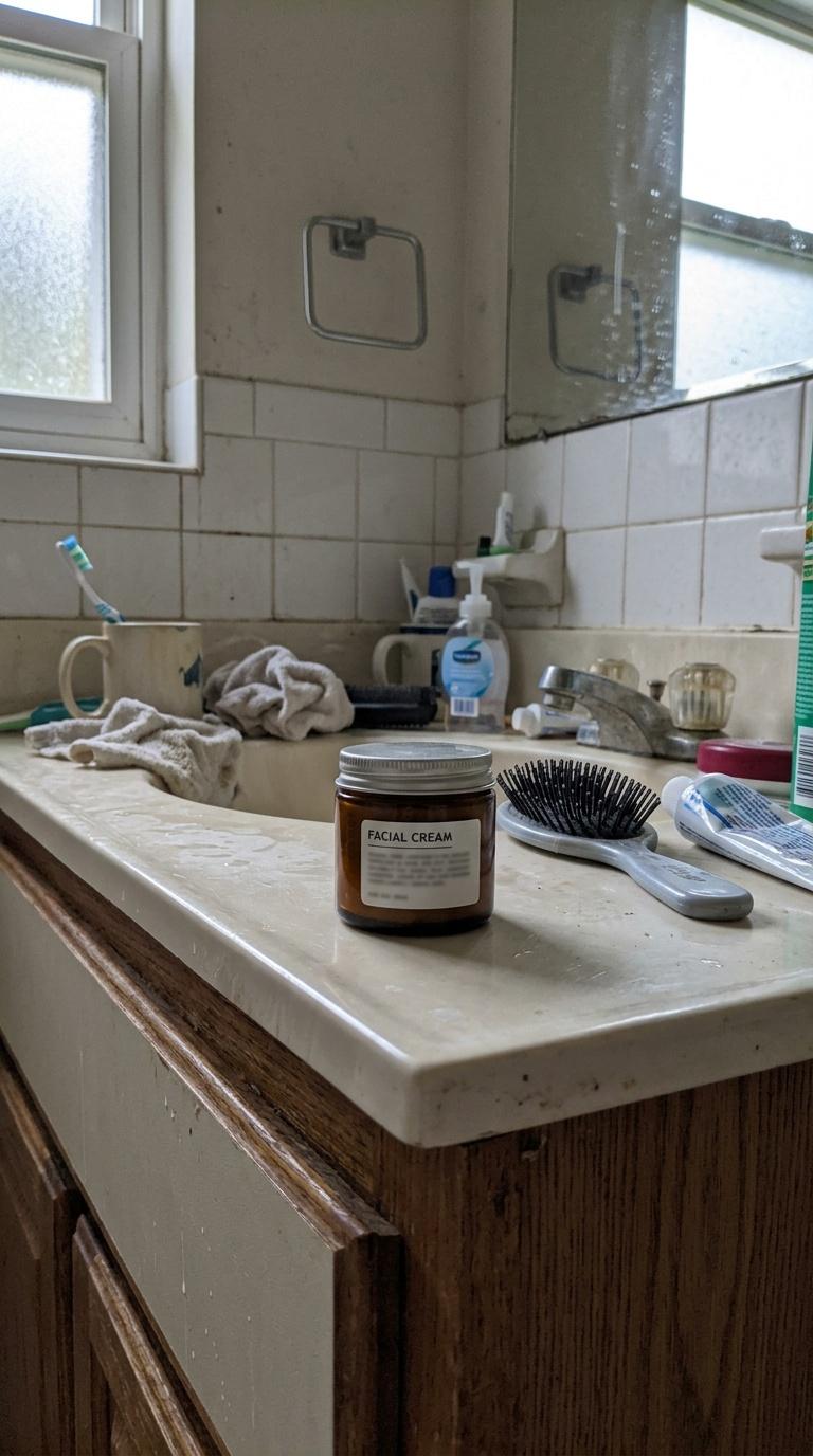 Amateur handheld phone photo of a small beauty product on a slightly messy bathroom counter, imperfe