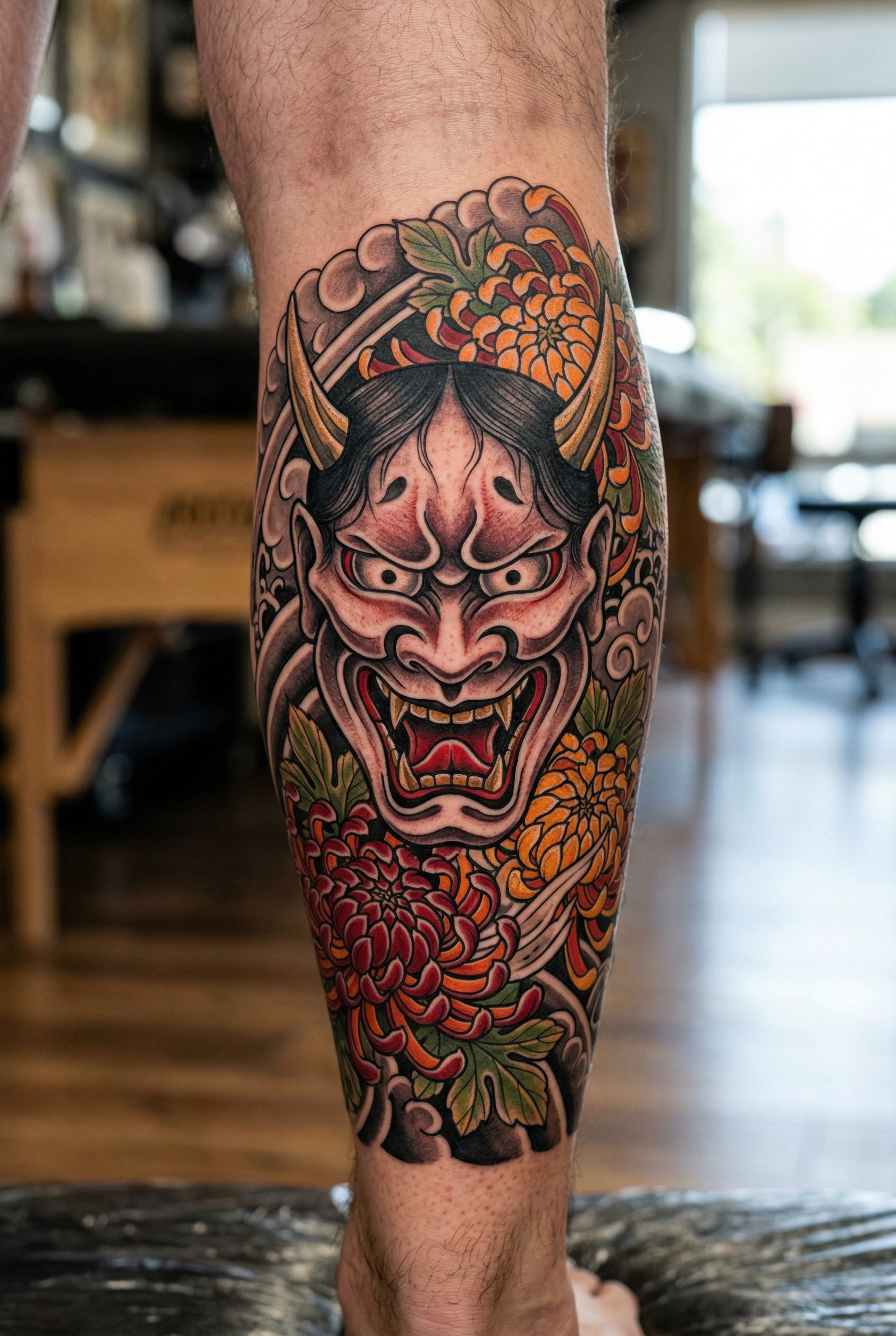 A traditional Japanese hannya mask tattoo on the calf paired with chrysanthemum flowers, the mask rendered with fierce e