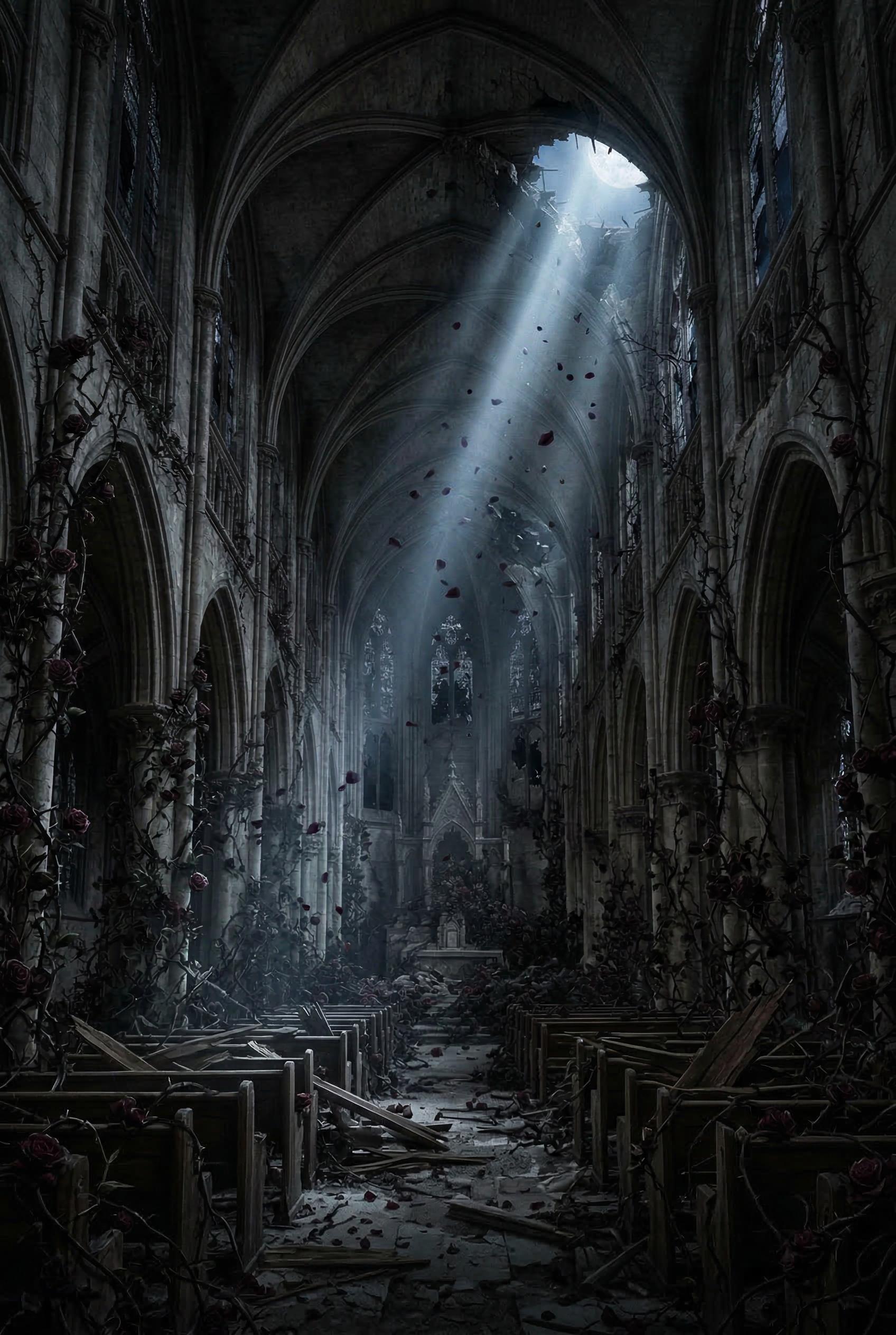 Interior of a crumbling gothic cathedral with soaring pointed arches and shattered stained glass windows, the stone wall