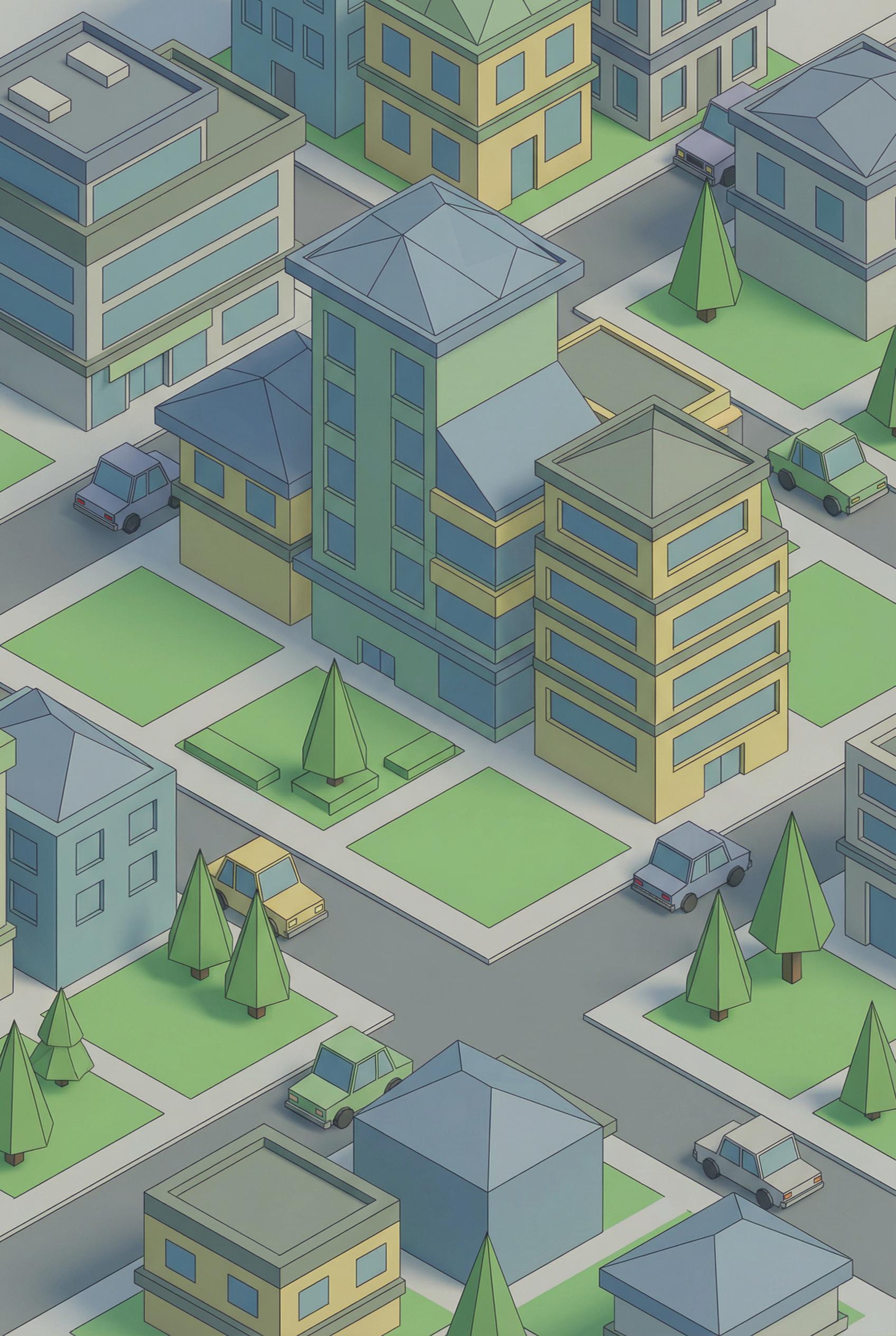 Low poly isometric city block, geometric buildings with flat colored facets, simplified cars and tre