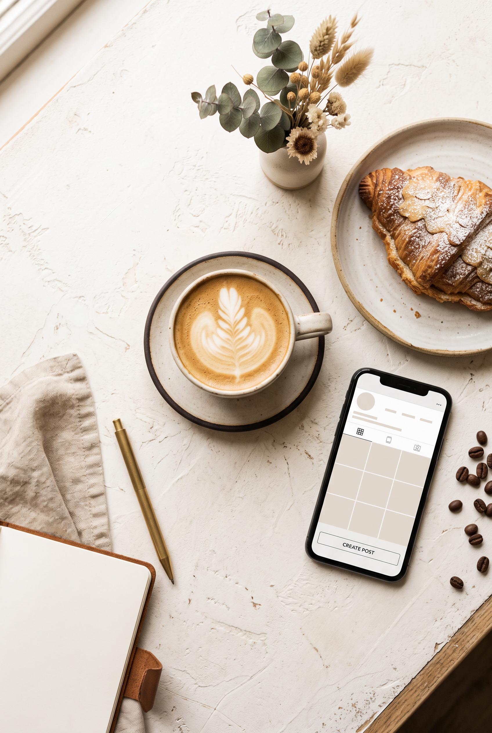 Premium editorial flat lay for a neighborhood café marketing campaign, ceramic coffee cup, pastry, s
