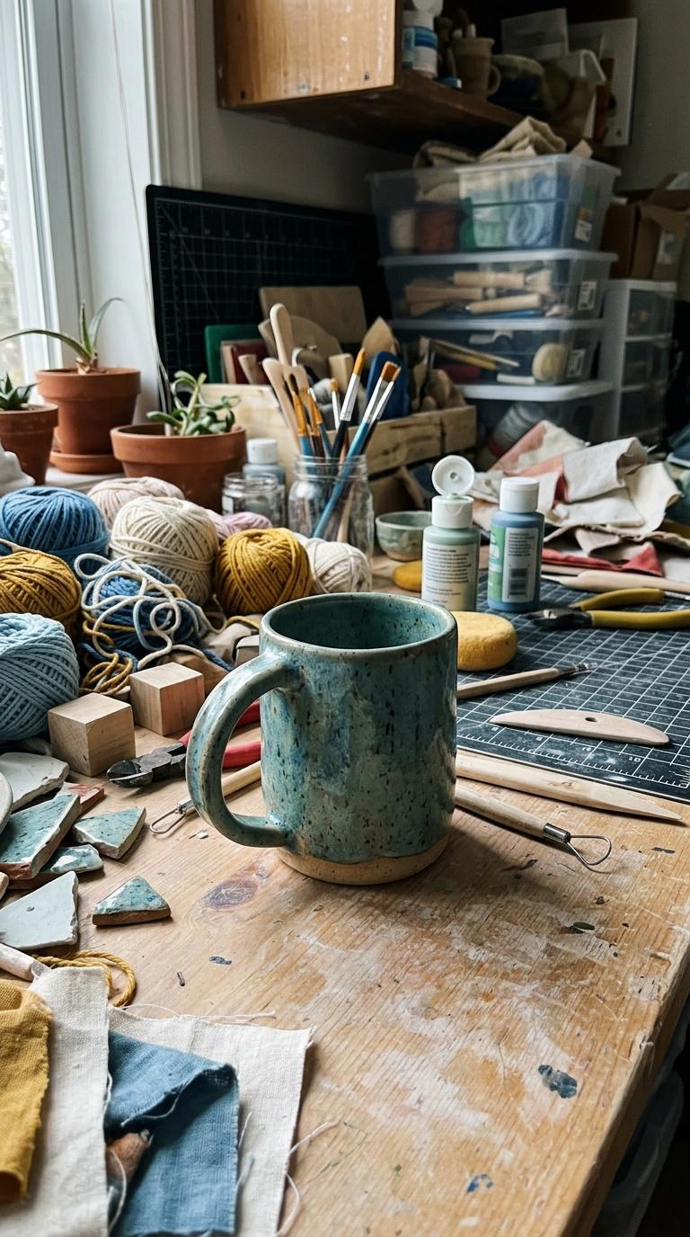 Amateur handheld phone photo of a handmade product in a busy home craft workspace, imperfect framing