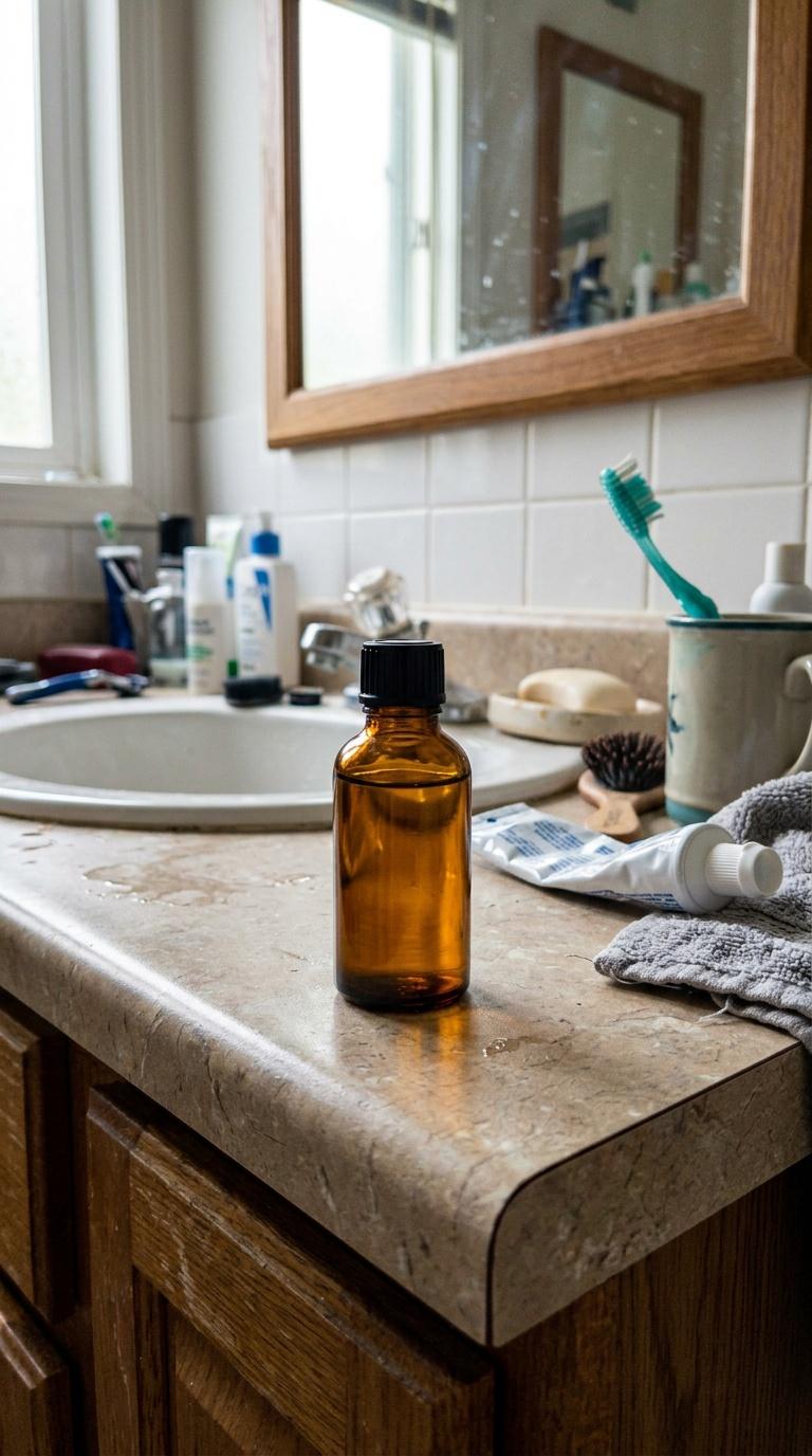 Amateur handheld phone photo of a small beauty product on a slightly messy bathroom counter, imperfe