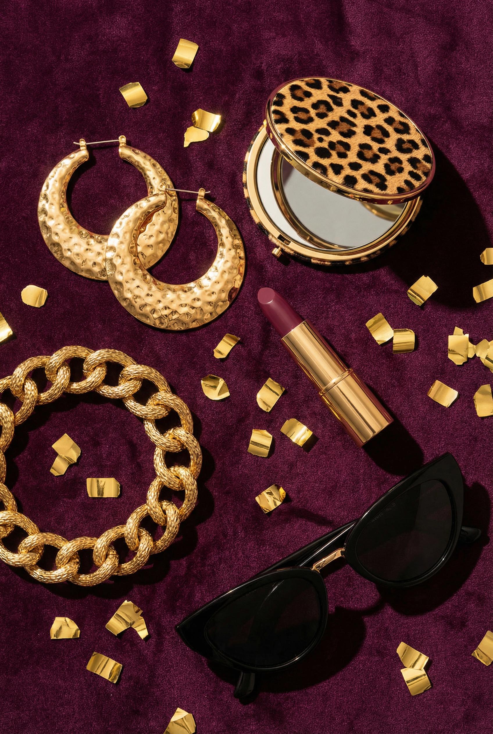 A bold maximalist flat-lay arrangement in a Glamoratti 1980s-inspired luxury aesthetic, featuring oversized gold stateme