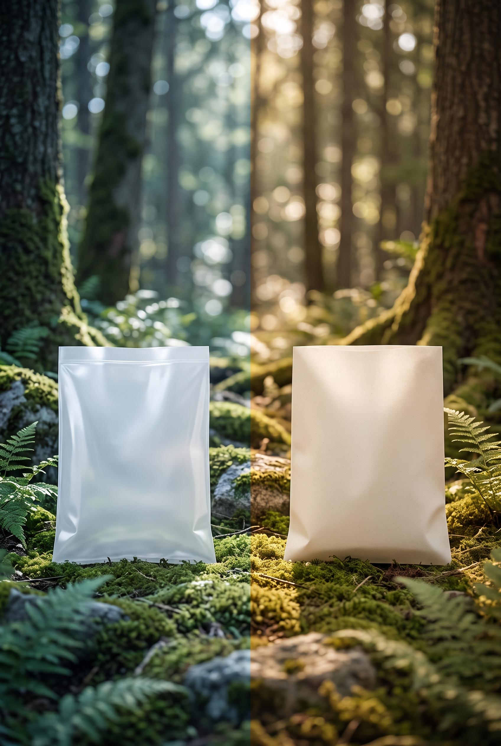 Create a vertical 2:3 composition showcasing the before (plastic) and after (biodegradable) packagin