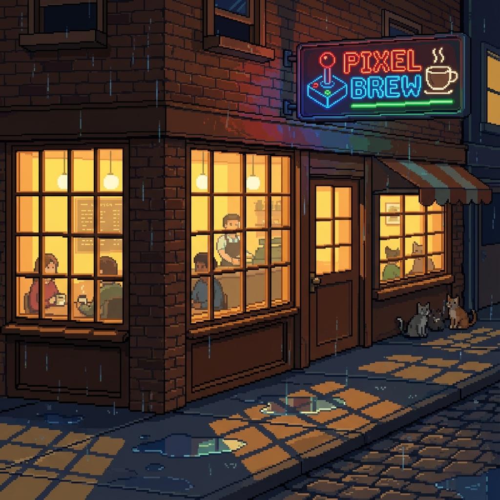 Cozy pixel art coffee shop exterior at night, glowing windows with warm yellow light, neon sign with