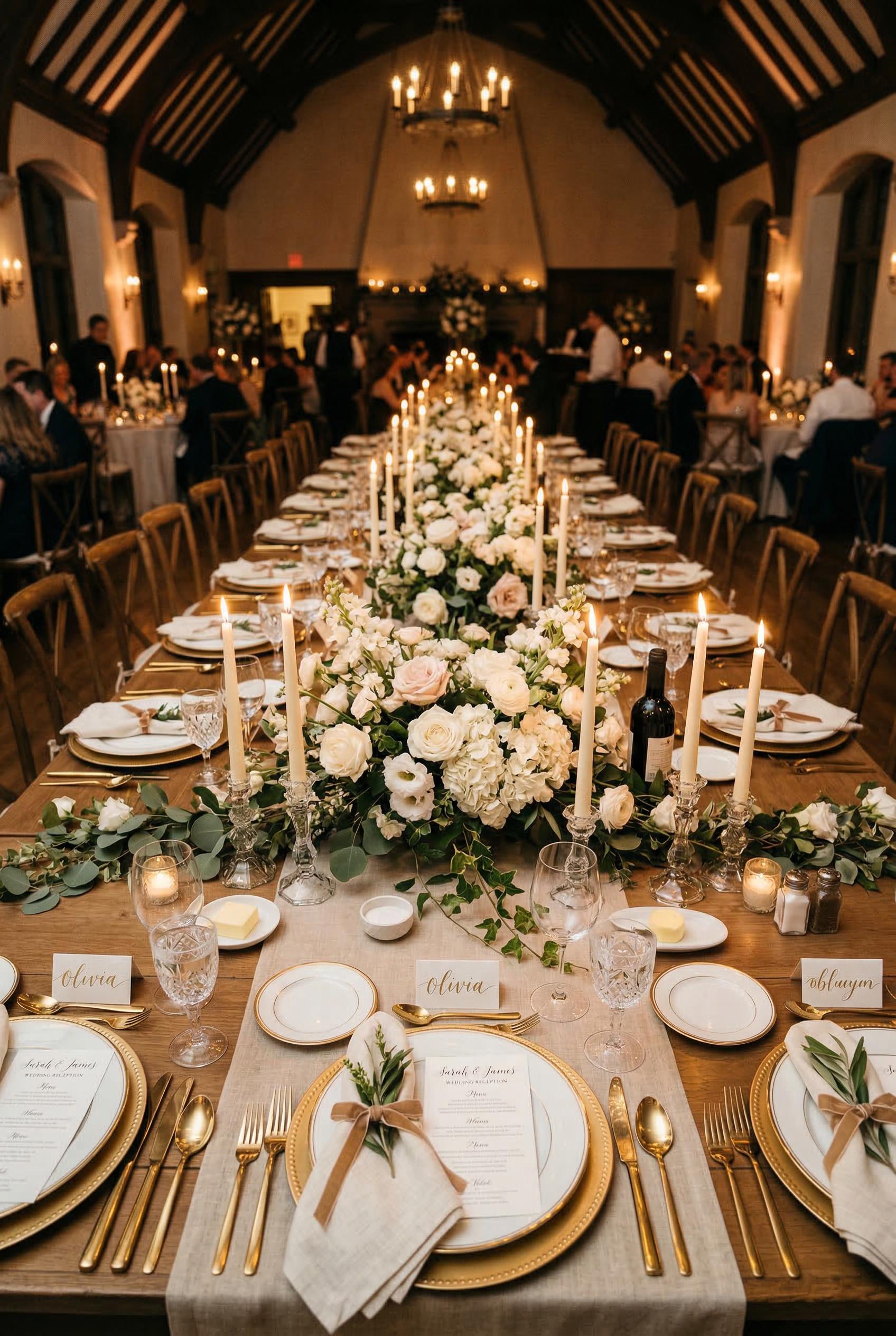 An elegant wedding reception long table with gold charger plates, ivory taper candles in crystal holders, a lush low cen