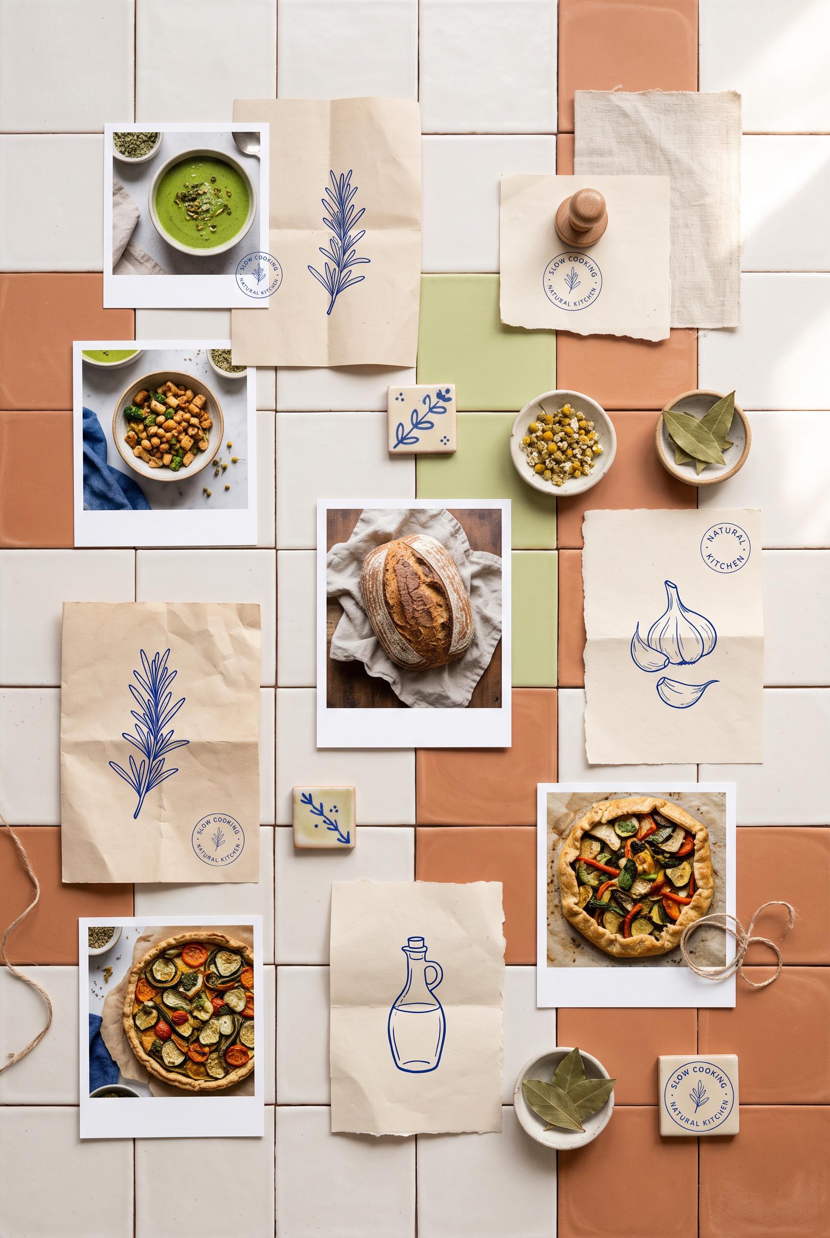 Create a commercial-quality vertical 2:3 Pinterest moodboard for a slow-living recipe creator person