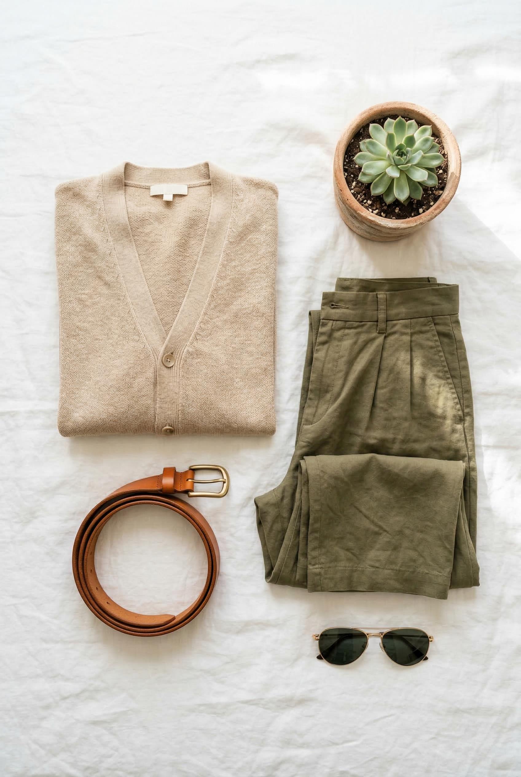 An overhead flat-lay of carefully arranged earth-tone clothing on a crisp white bedsheet, featuring 