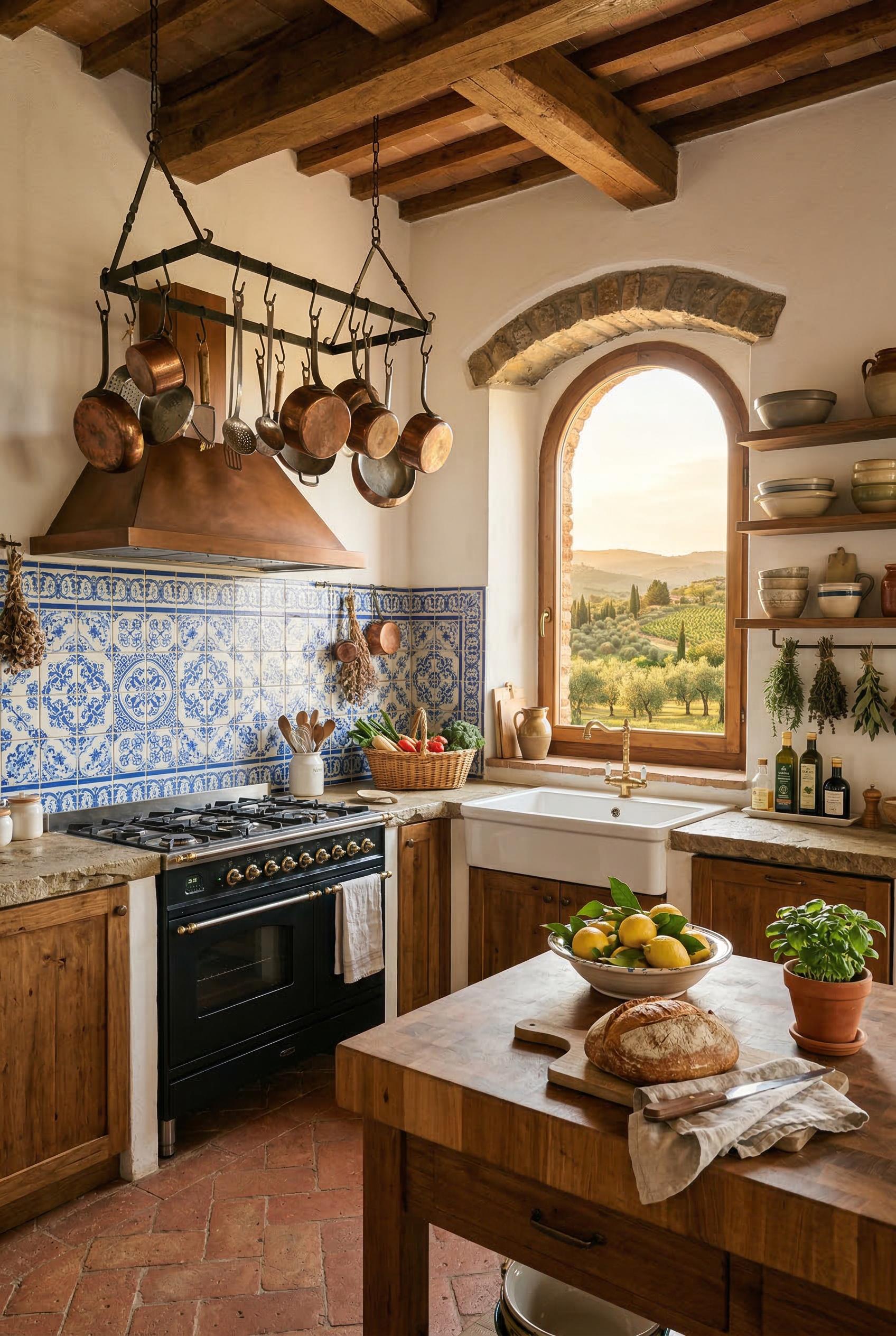A bright Mediterranean kitchen with hand-painted blue and white patterned ceramic tiles covering the backsplash and exte