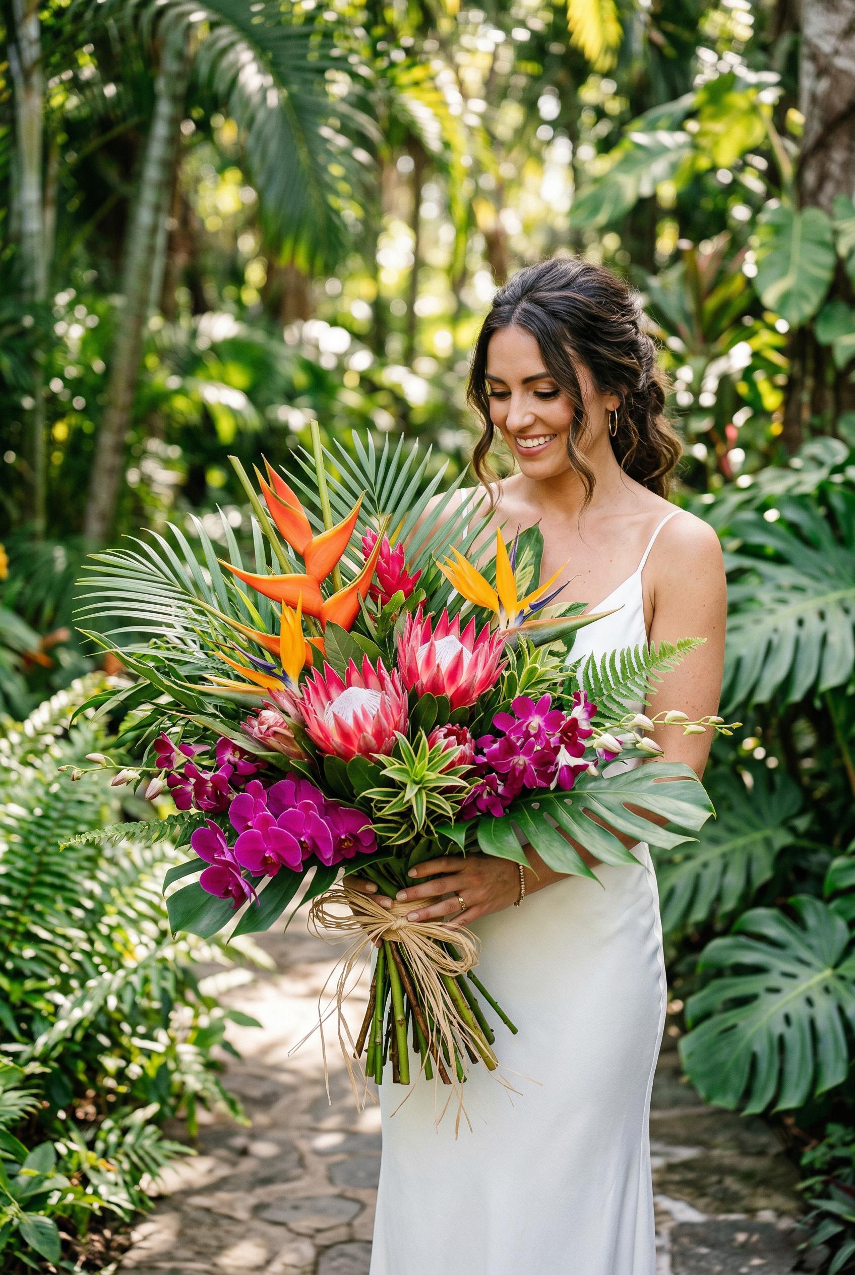 A vibrant tropical bridal bouquet bursting with hot pink proteas, golden-yellow birds of paradise, v