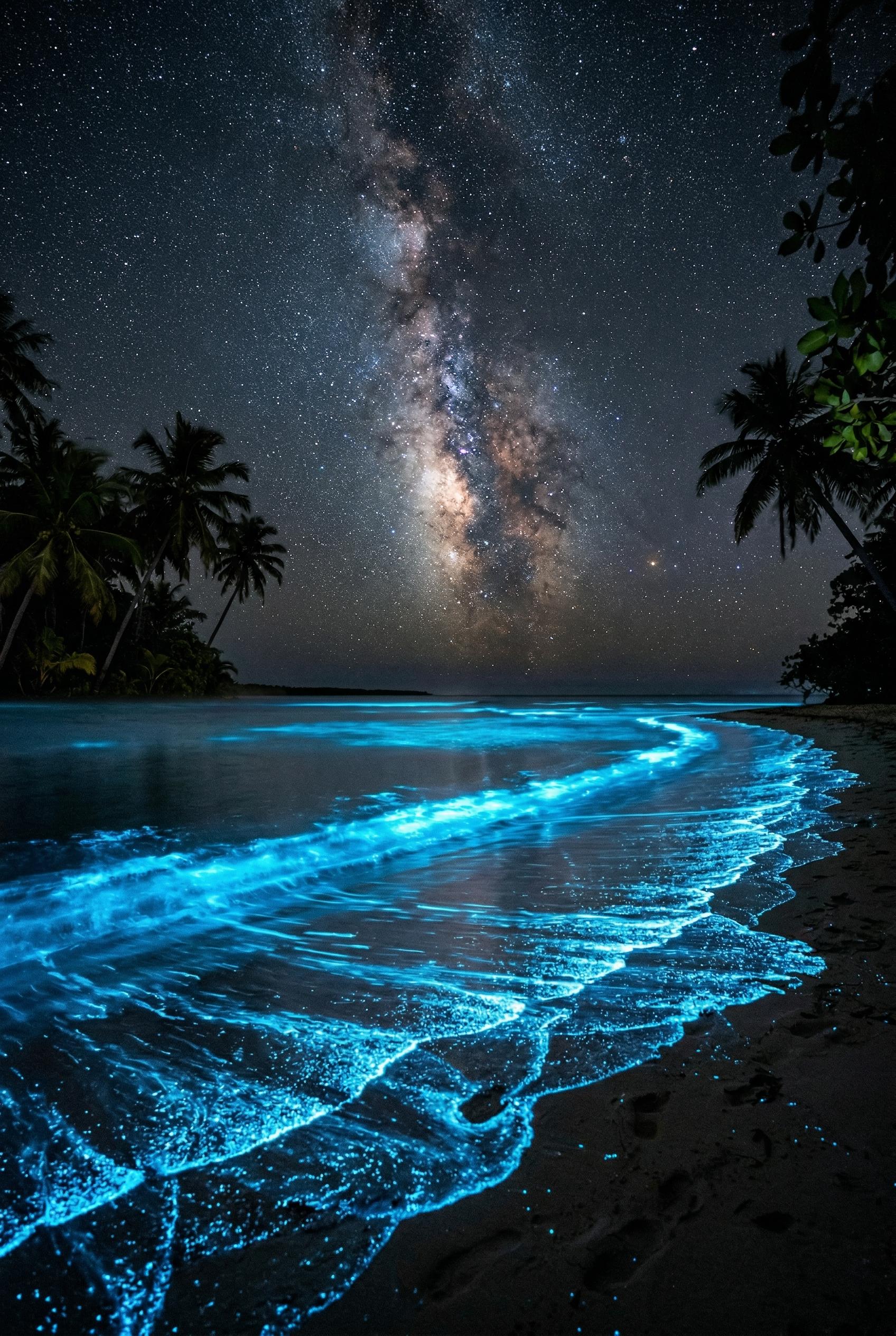 A secluded tropical beach at night with gentle waves washing ashore glowing with intense bioluminescent electric cyan-bl