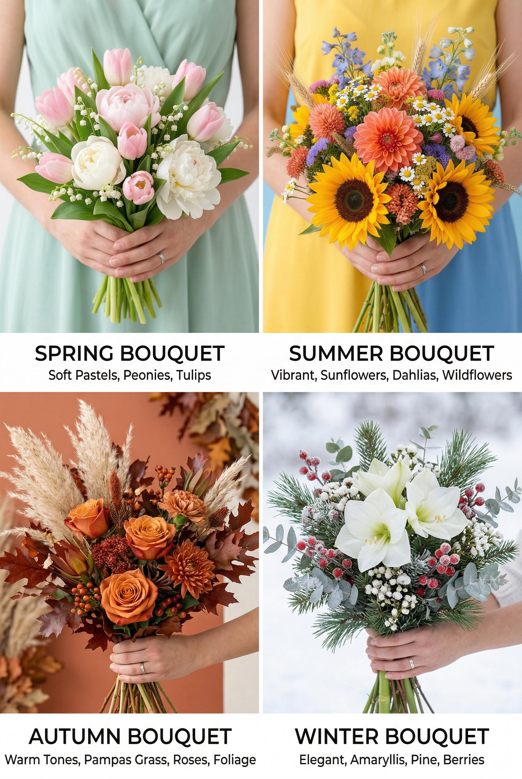 A bright 2x2 grid comparison layout on a clean white background showing four seasonal bridal bouquets. Top ...