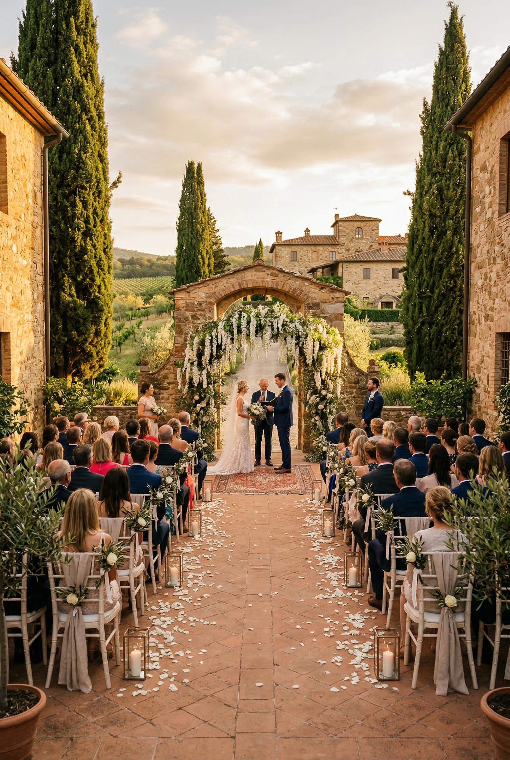 A sun-drenched Tuscan villa courtyard set for an intimate outdoor wedding ceremony, with rows of elegant white wooden ch