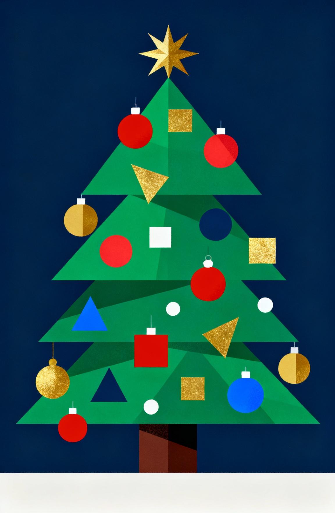 Flat vector illustration of colorful Christmas tree decorations, bold colors, geometric ornaments, modern graphic style