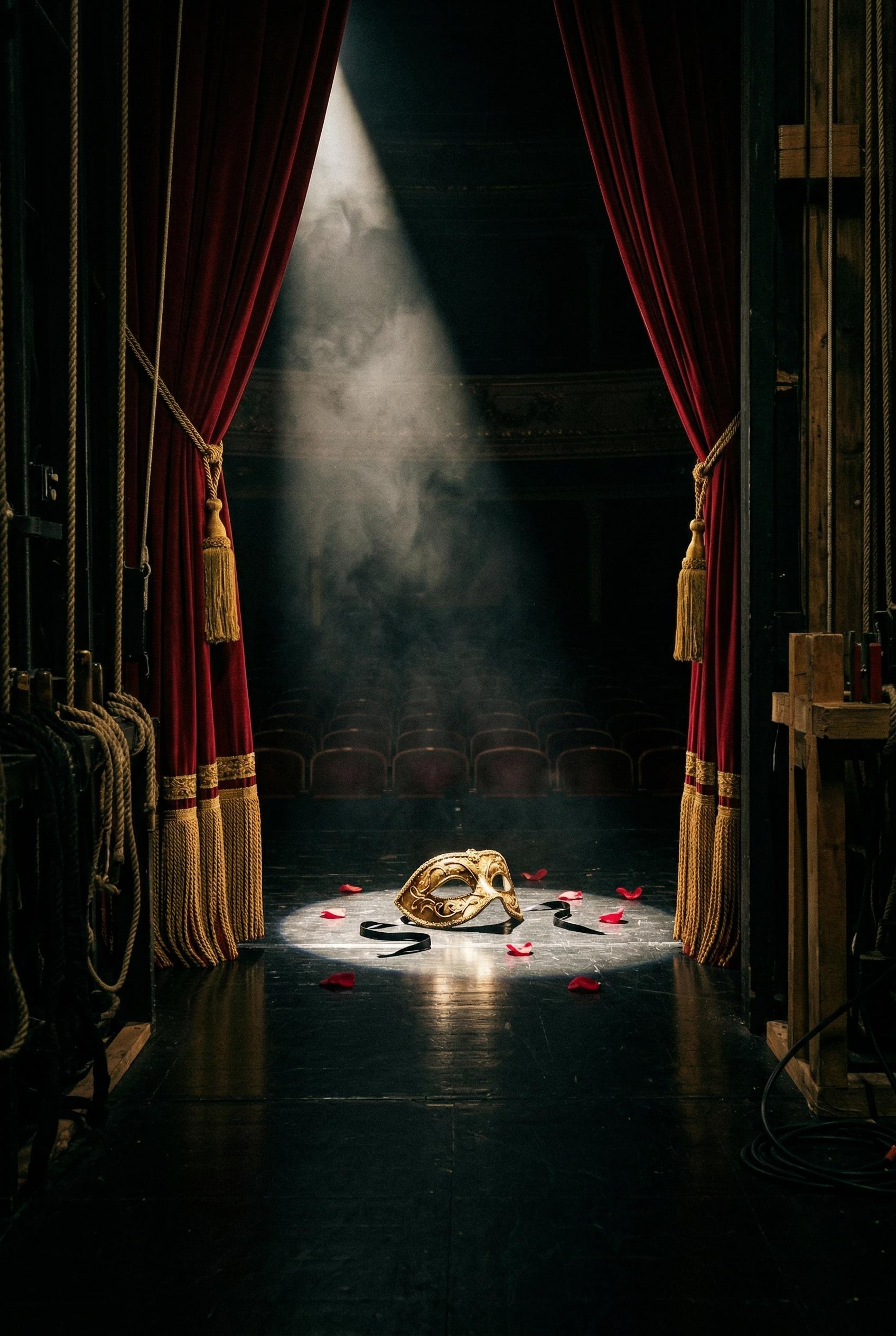 A dramatic opera-inspired dark aesthetic scene of a grand theater stage viewed from the wings, heavy crimson velvet curt