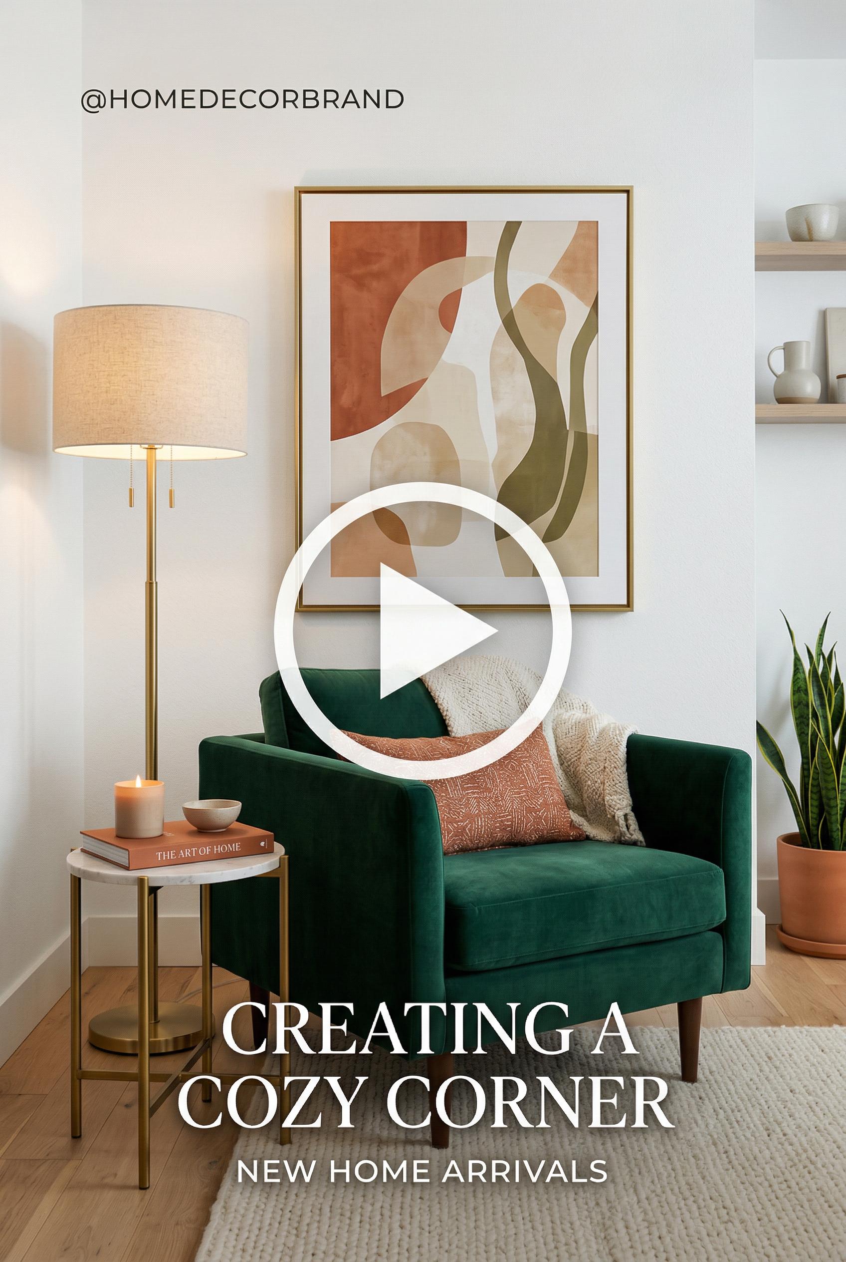 An Instagram Reel cover template design for a home décor brand, featuring a beautifully styled living room vignette with