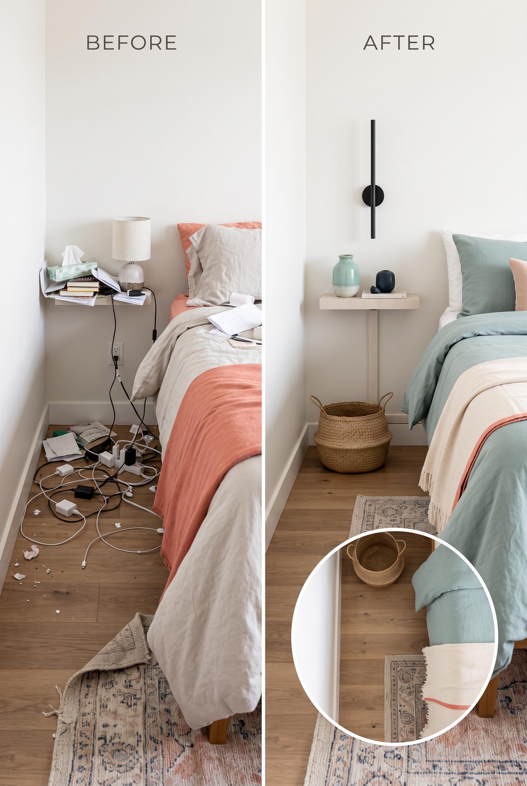 Create a commercial-quality interior design before-and-after image in a vertical 2:3 Pinterest compo