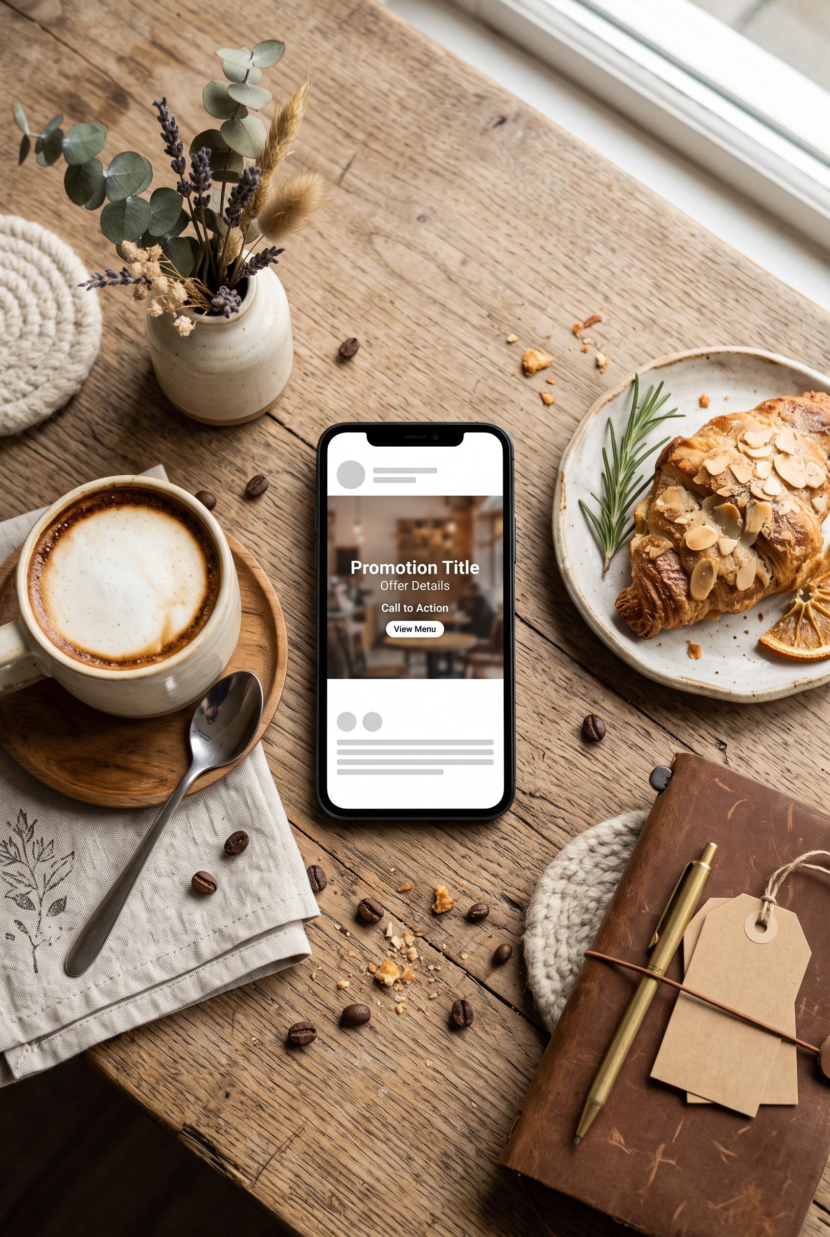 Premium editorial flat lay for a neighborhood café marketing campaign, ceramic coffee cup, pastry, s