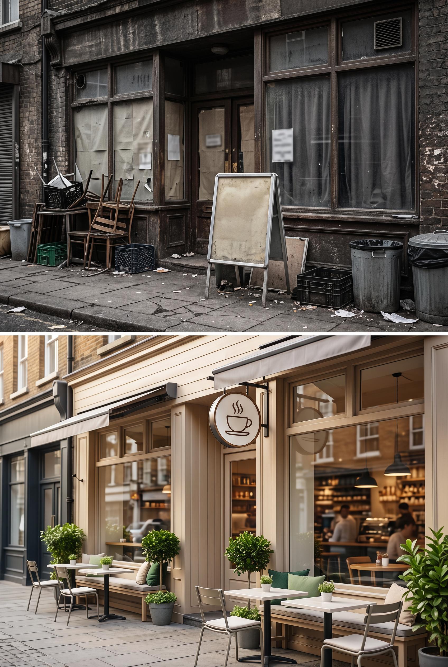 Split image of a local cafe entrance before (cluttered and dull) and after (cozy, inviting with outdoor sea...