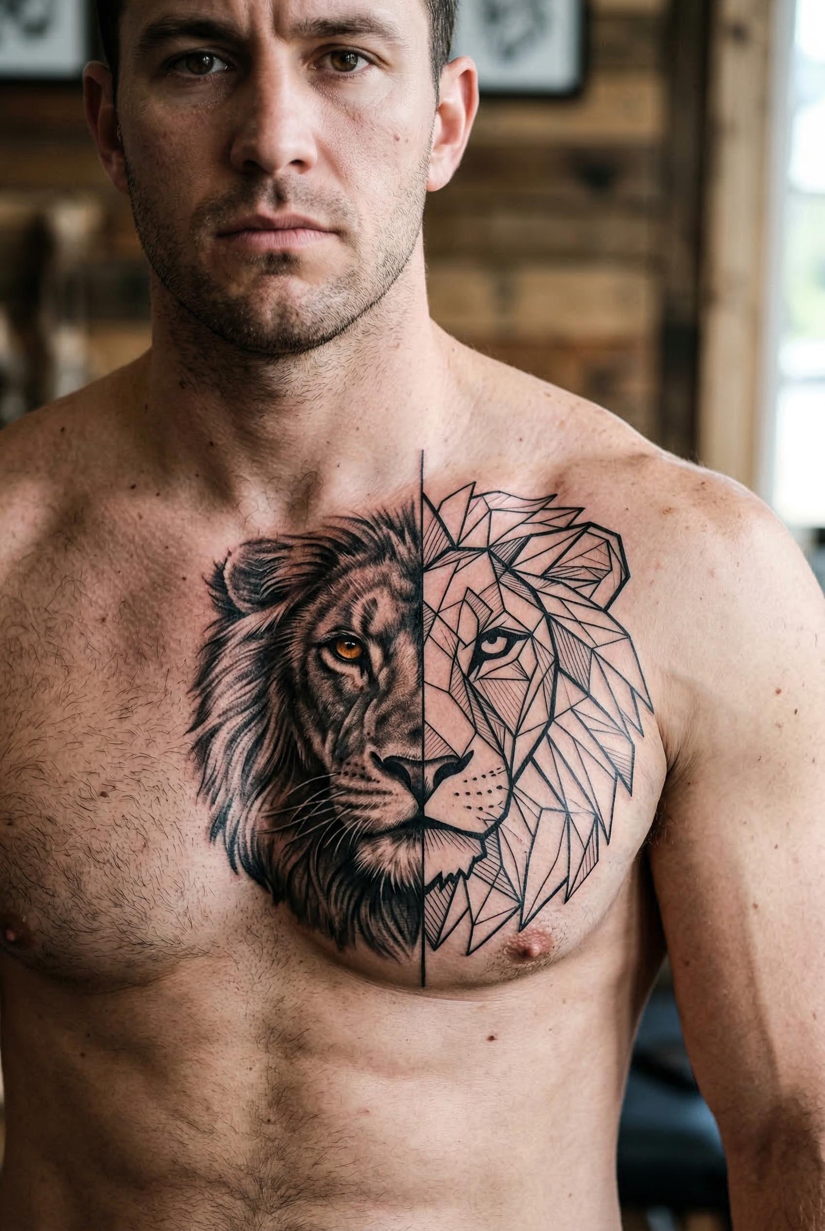 A geometric lion face tattoo on a man's chest, split vertically down the middle — the left half is photorealistic with d