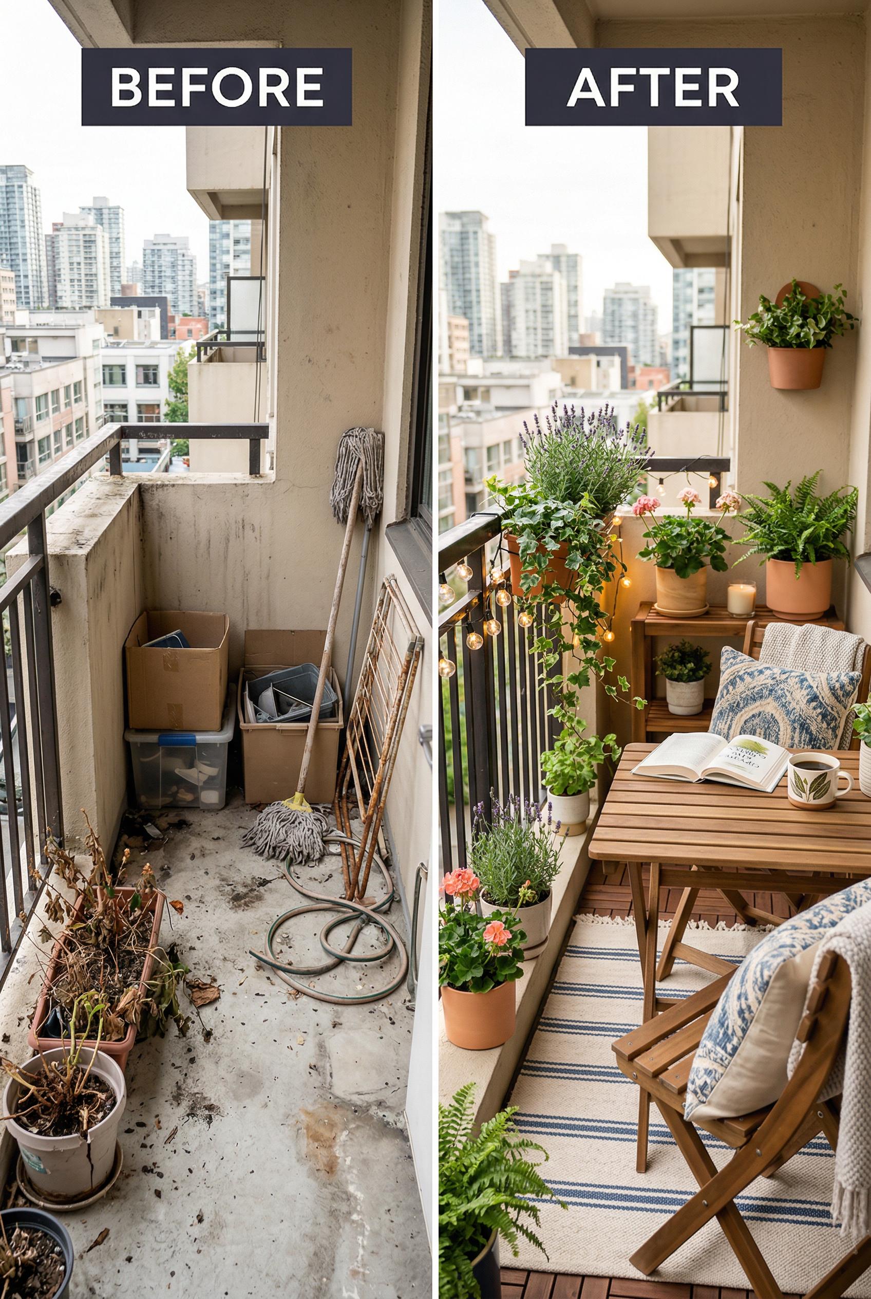 A vertical split-screen image showing a small apartment balcony transformation. Left side labeled 'Before':...