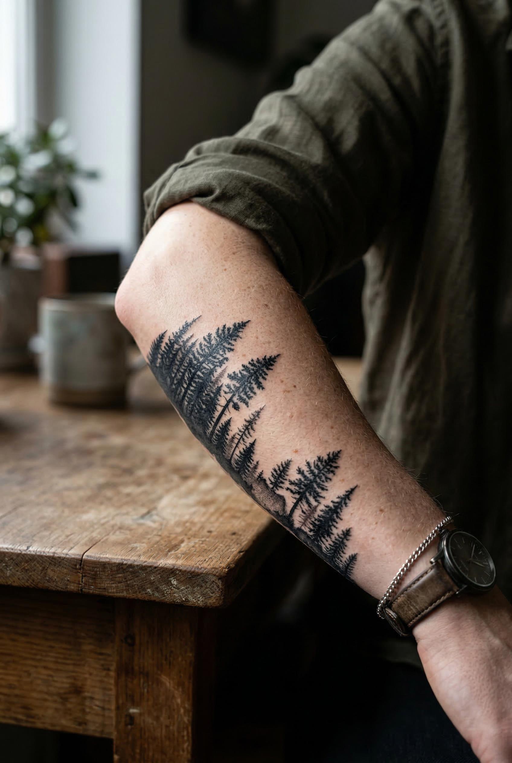 A photorealistic mockup of a forearm tattoo, a forest tree line silhouette wrapping around the inner forearm, pine trees