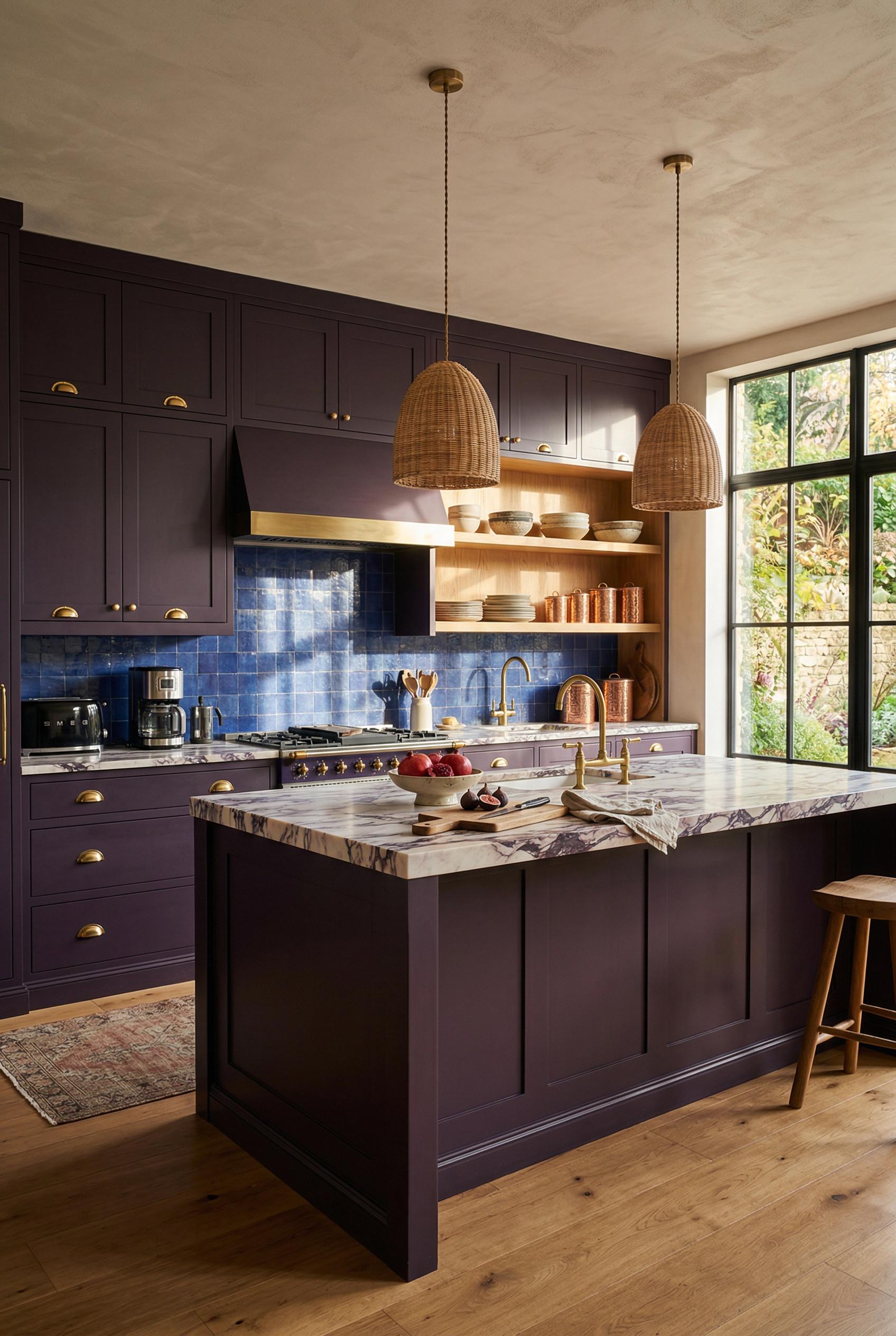 A stunning kitchen with deep aubergine-purple matte cabinetry covering both upper and lower runs, featuring brushed gold