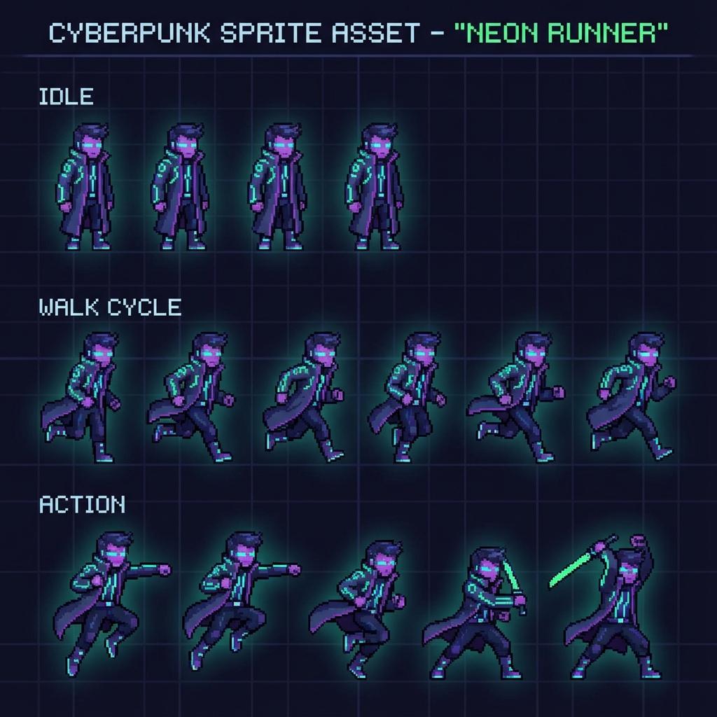 Animated pixel art character sprite sheet, cyberpunk character with neon accents, multiple poses inc