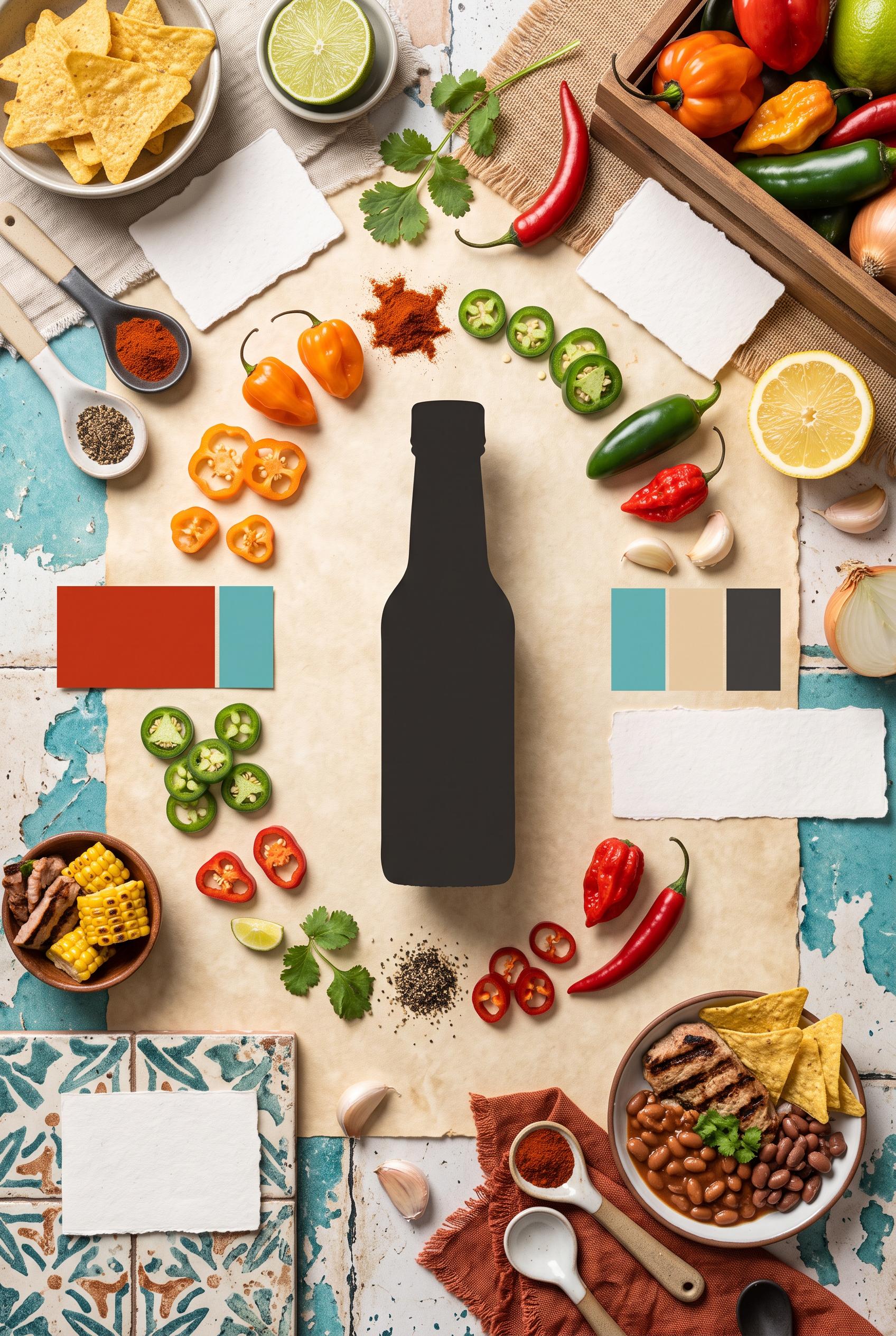 Commercial-quality Pinterest moodboard for a small-batch hot sauce maker, vertical 2:3 composition, richly ...