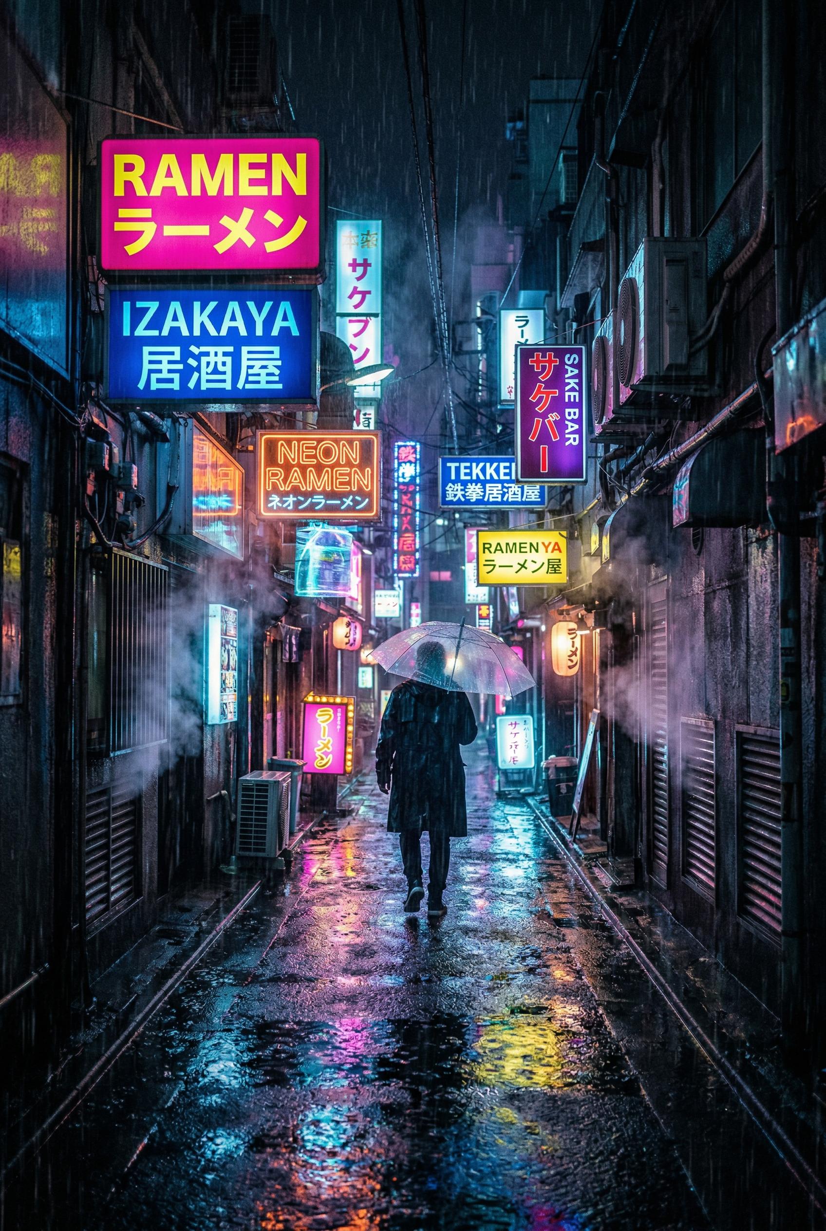 A narrow rain-soaked cyberpunk back alley at night in a futuristic Asian megacity, heavy rain pouring down with visible 