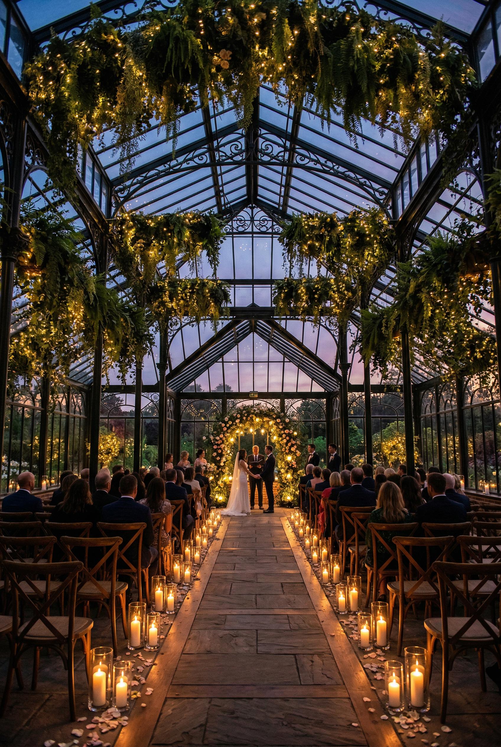A magical glass greenhouse wedding venue at dusk, with a peaked glass roof and iron framework, interior filled with hang