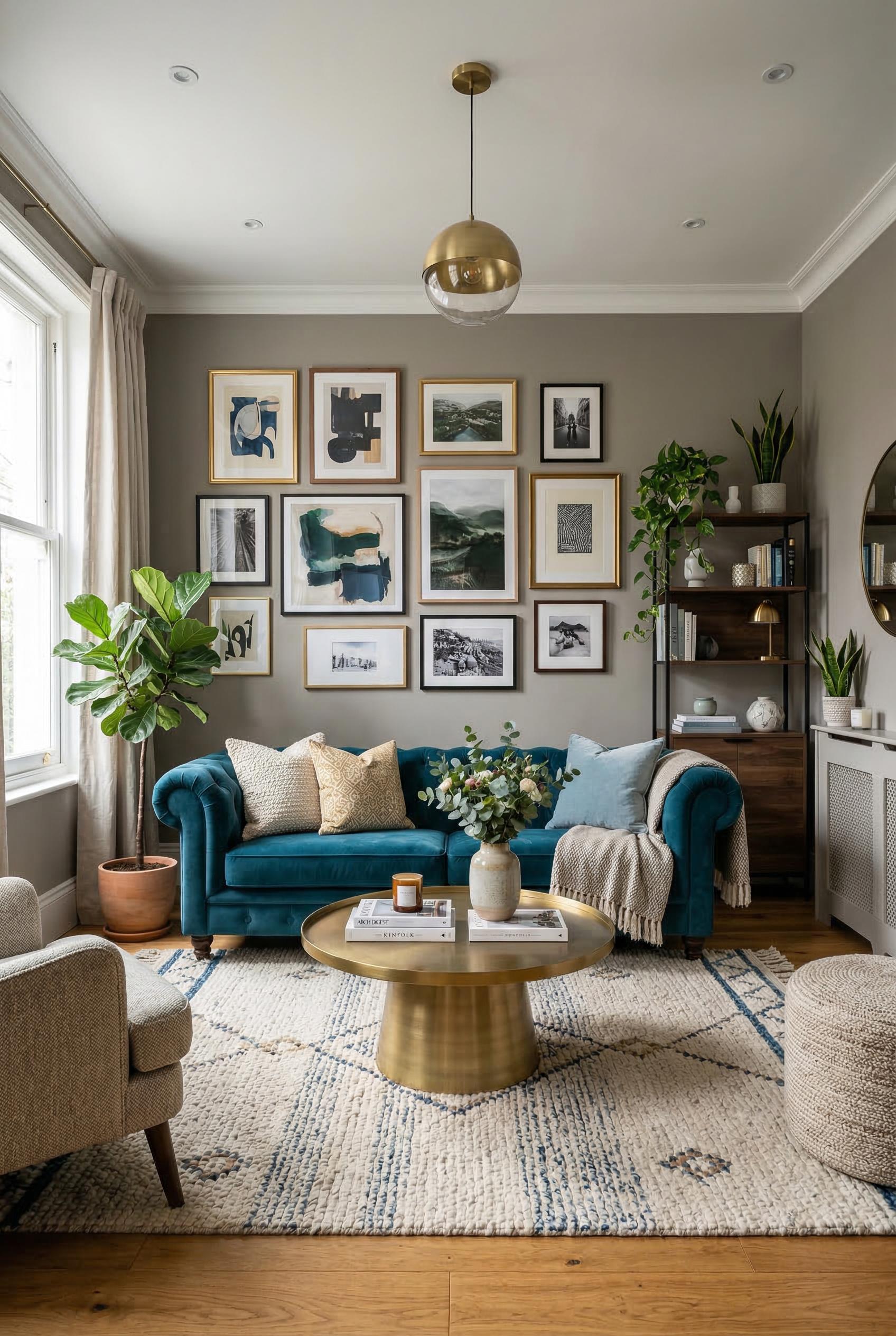 A beautifully designed modern living room with a teal velvet sofa, gold coffee table, gallery wall with framed art, styl