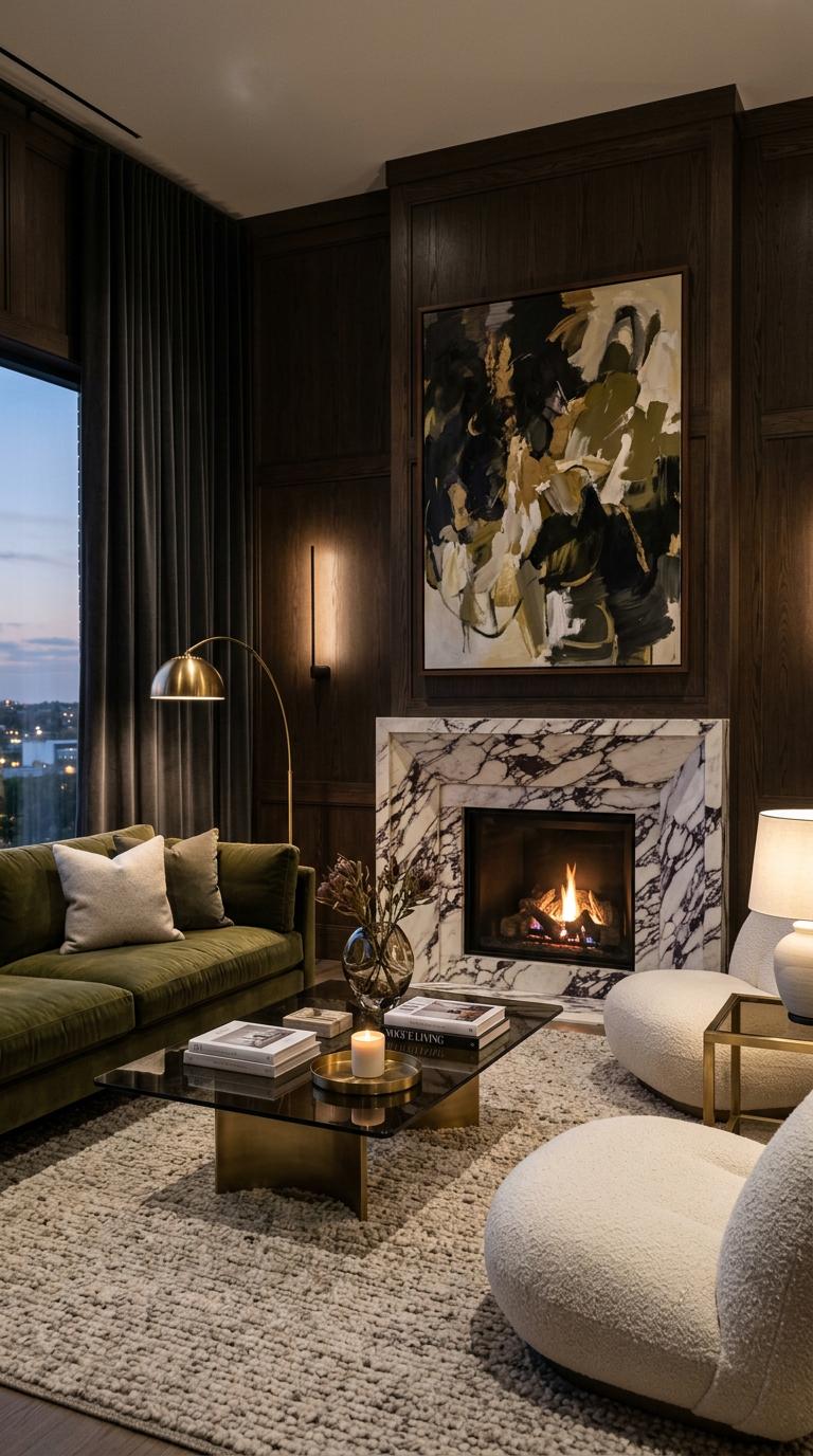 Premium editorial interior design photograph of a moody luxe living room, deep olive velvet sofa, two sculptural cream b