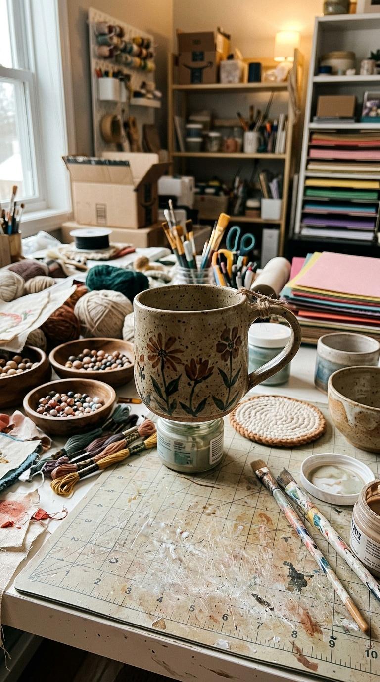 Amateur handheld phone photo of a handmade product in a busy home craft workspace, imperfect framing