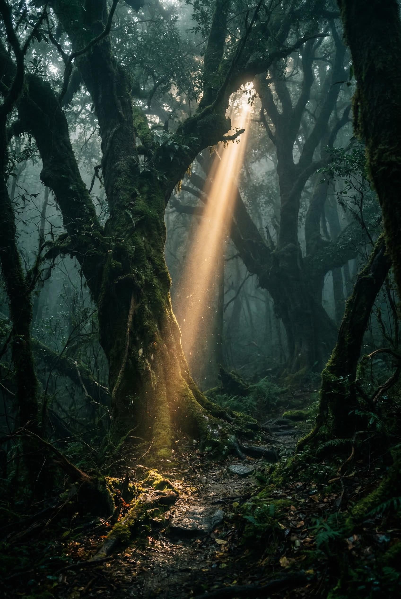 A dark ancient forest shrouded in thick fog, massive gnarled tree trunks covered in moss, a single beam of golden light 