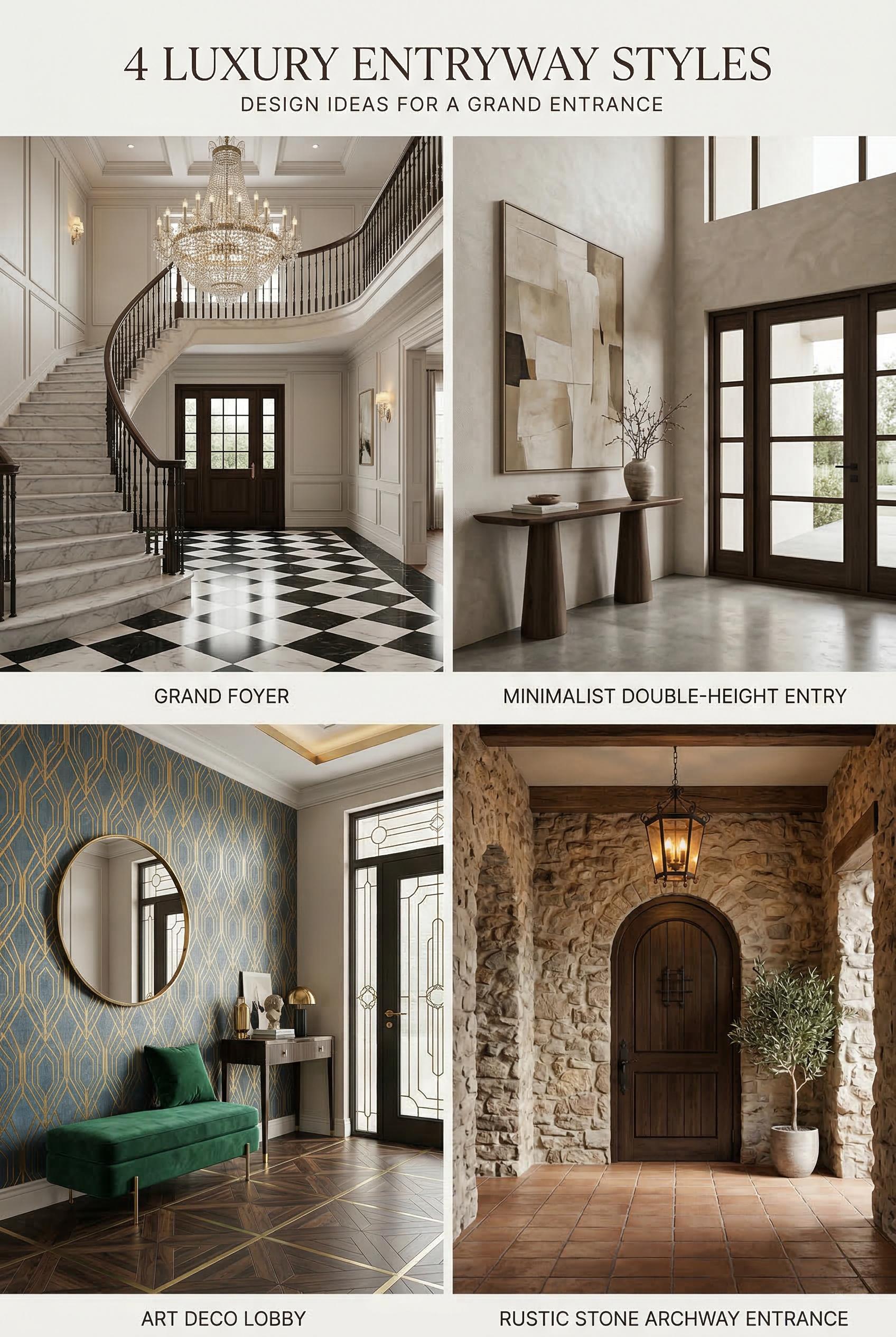A 2x2 grid layout showing four luxury home entryway designs, each in its own panel with consistent w