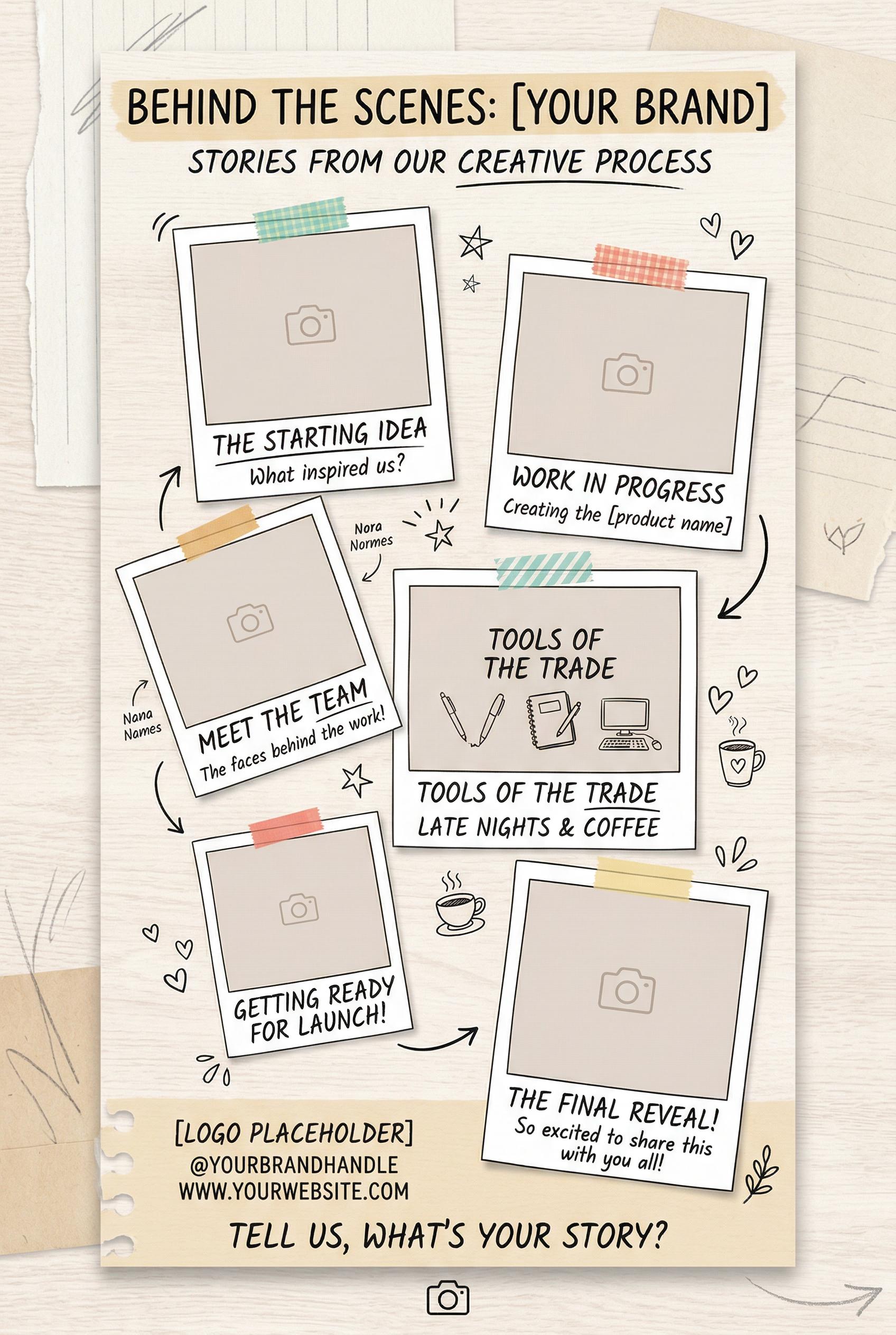 Behind the scenes story template, polaroid photo frame effect, casual handwritten style, authentic brand storytelling la
