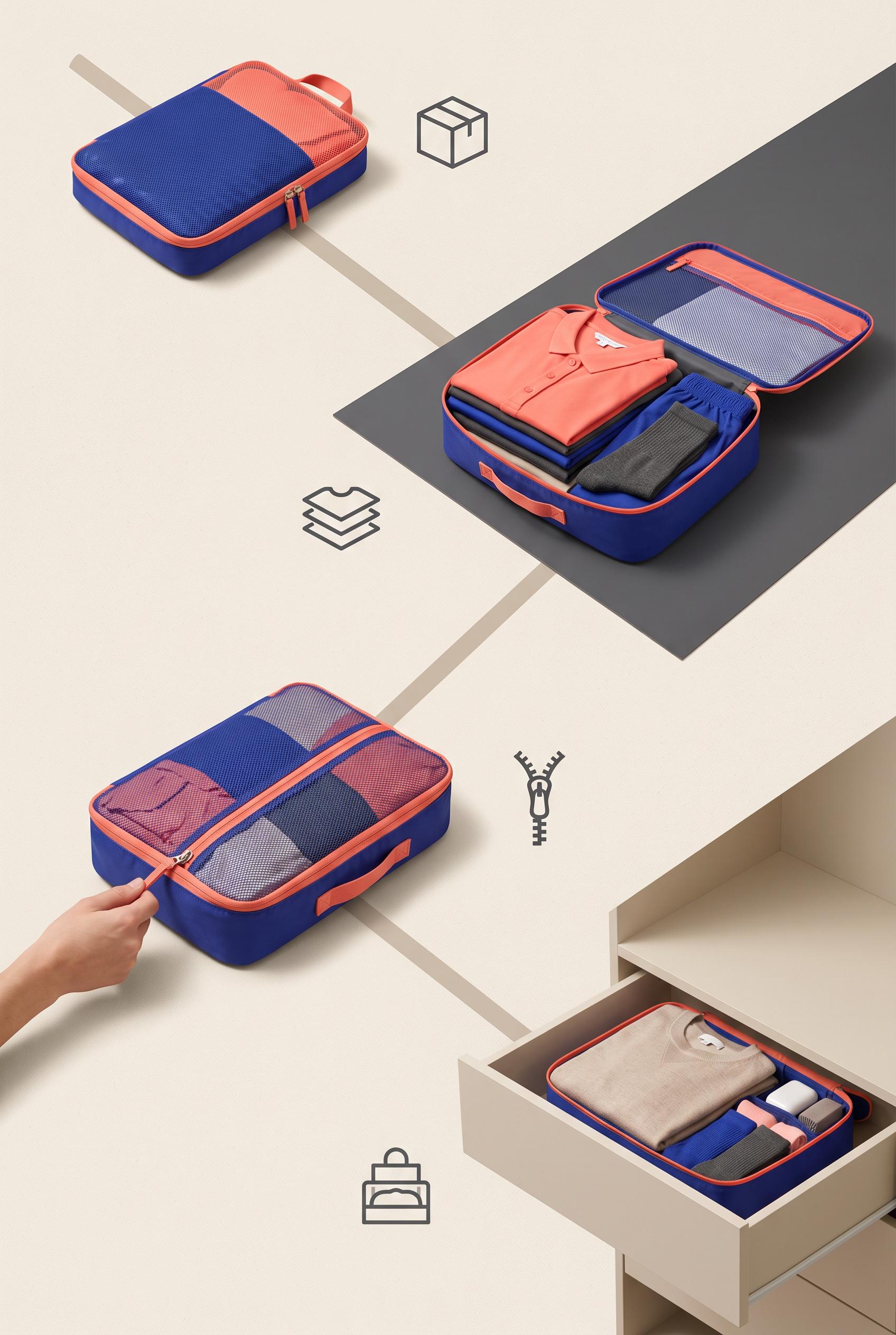 Create a commercial-quality vertical 2:3 Pinterest campaign concept for a reusable luggage organizer