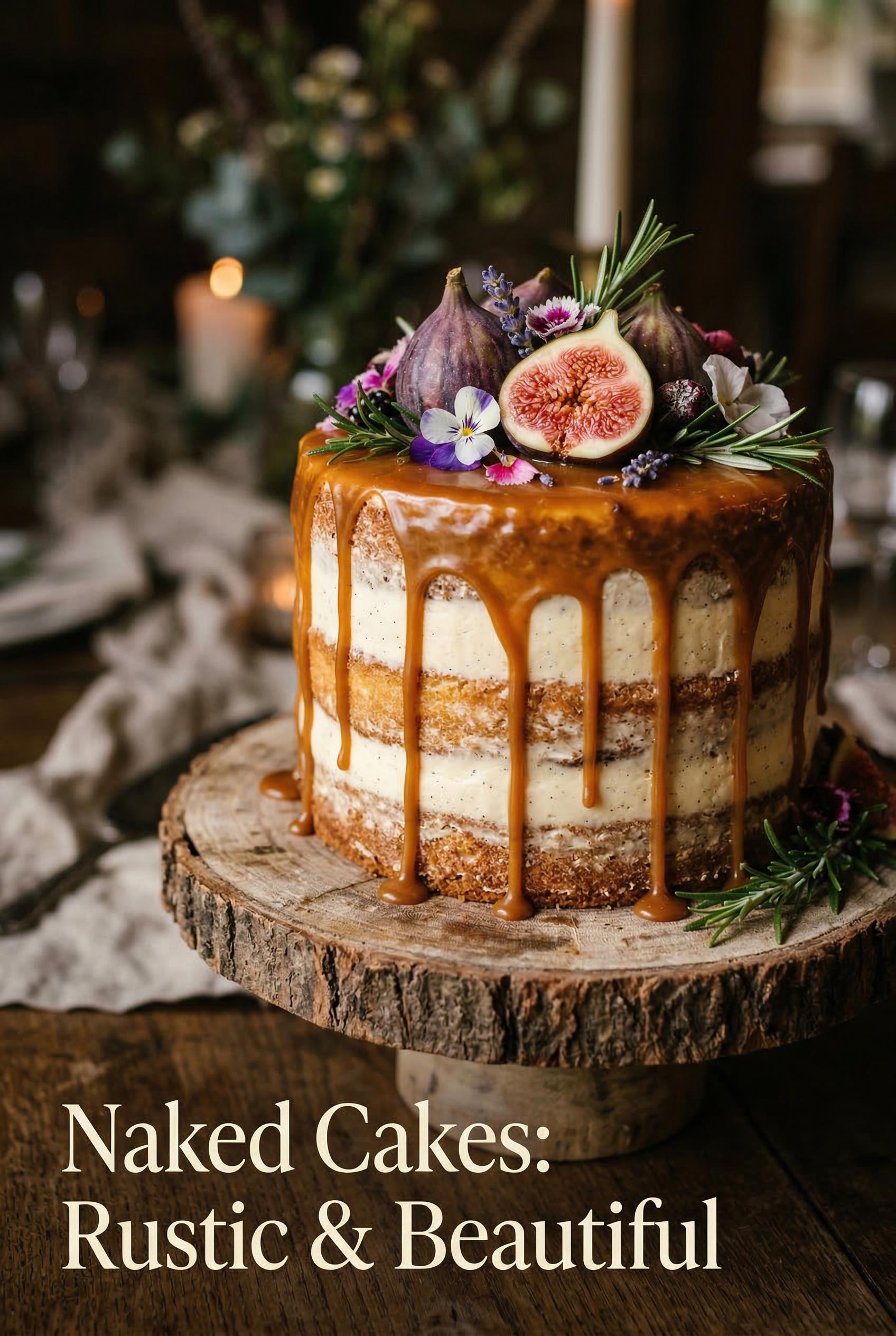 A close-up shot of a rustic naked wedding cake with exposed layers of golden sponge and cream fillin