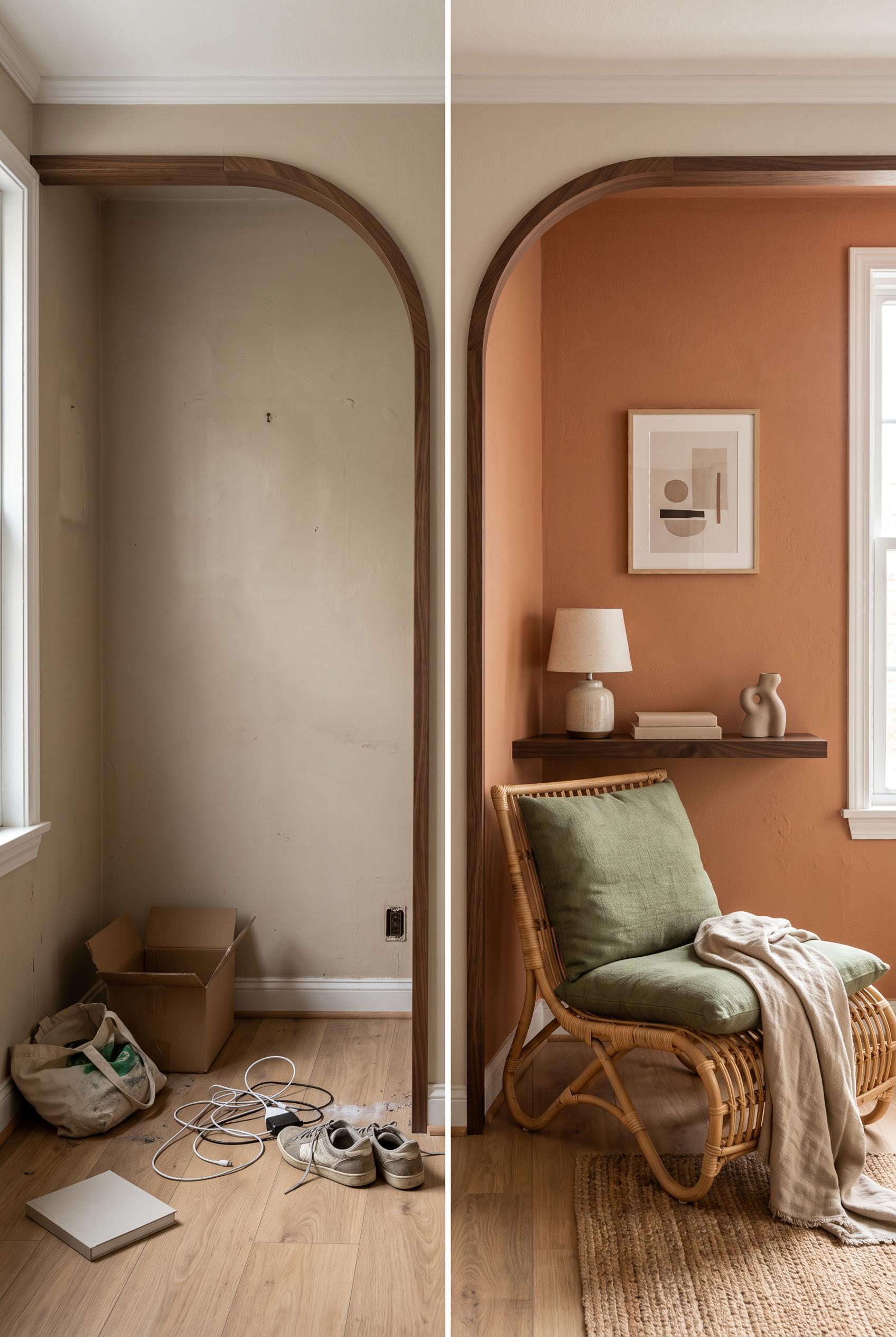 Create a commercial-quality interior design transformation image in a vertical 2:3 Pinterest composi