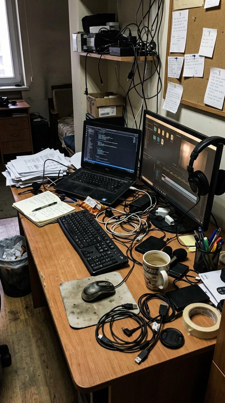 Amateur handheld phone photo of a creator's cluttered desk setup before branding and styling, imperfect pho...