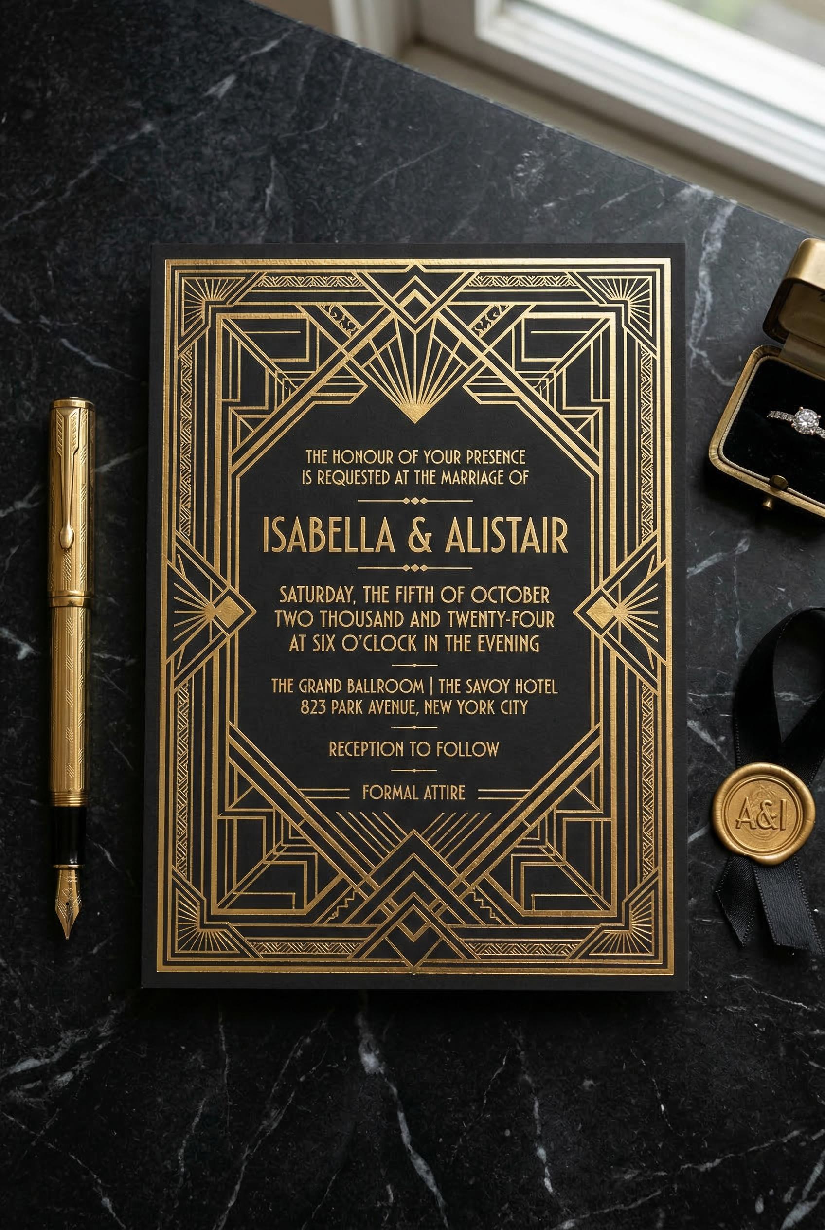 An Art Deco wedding invitation with geometric gold foil patterns, black and gold color scheme, 1920s glamour, ornate bor