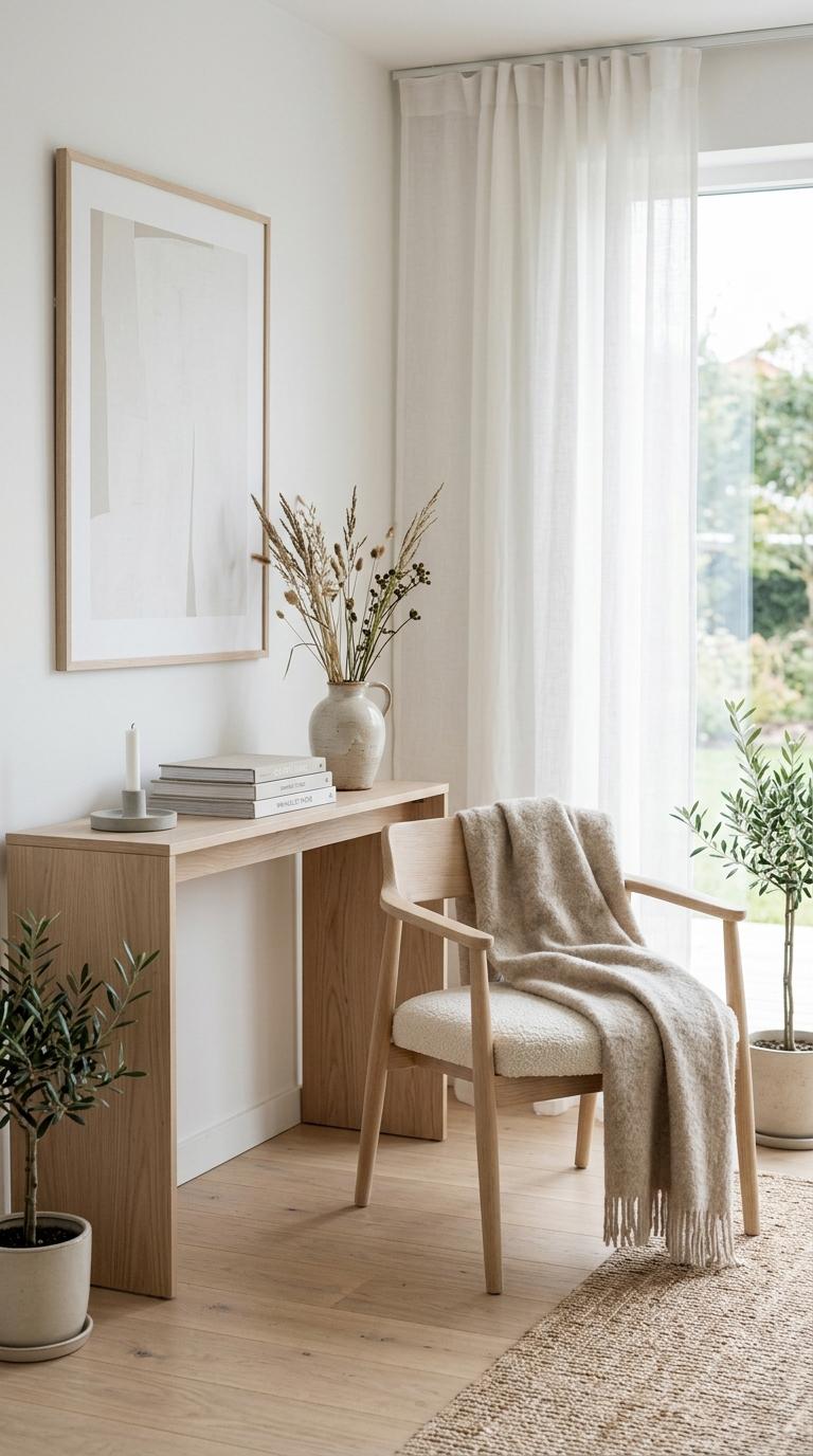 Create a premium vertical Pinterest pin for Scandinavian decor moodboards, featuring pale wood, clean furniture lines, s
