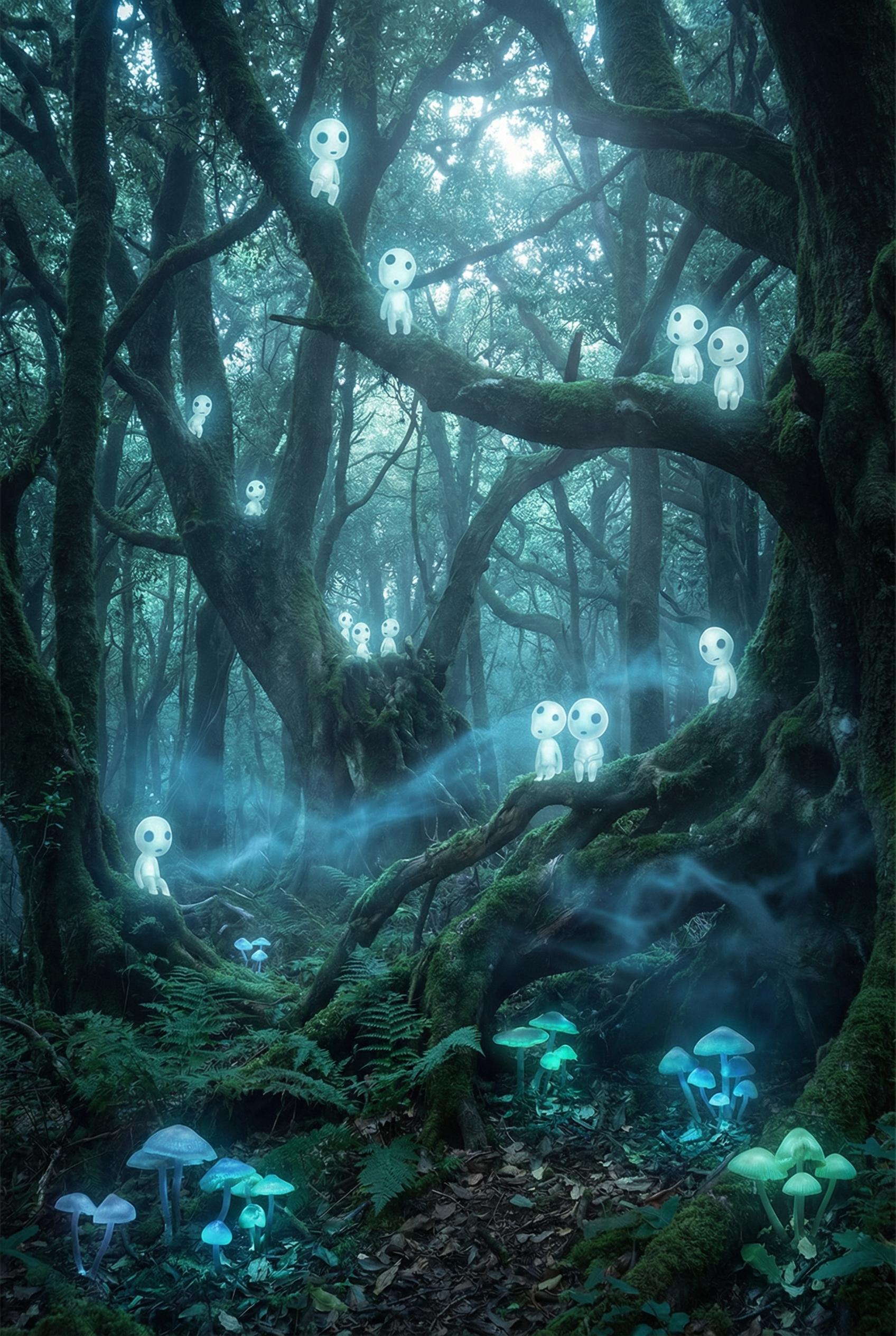 Magical forest spirit scene with glowing kodama creatures perched on ancient moss-covered trees, dap