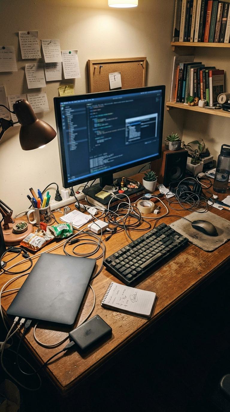 Amateur handheld phone photo of a creator's cluttered desk setup before branding and styling, imperfect pho...