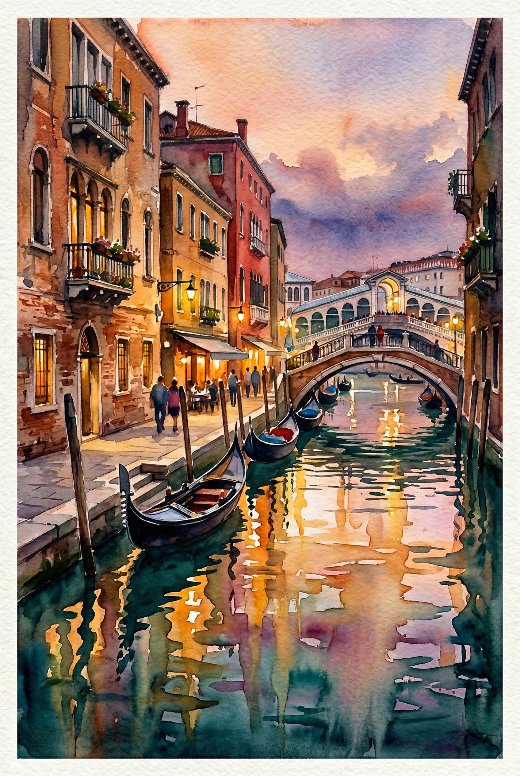 A romantic Venetian canal scene at twilight painted in loose expressive watercolor style, several dark gondolas moored a